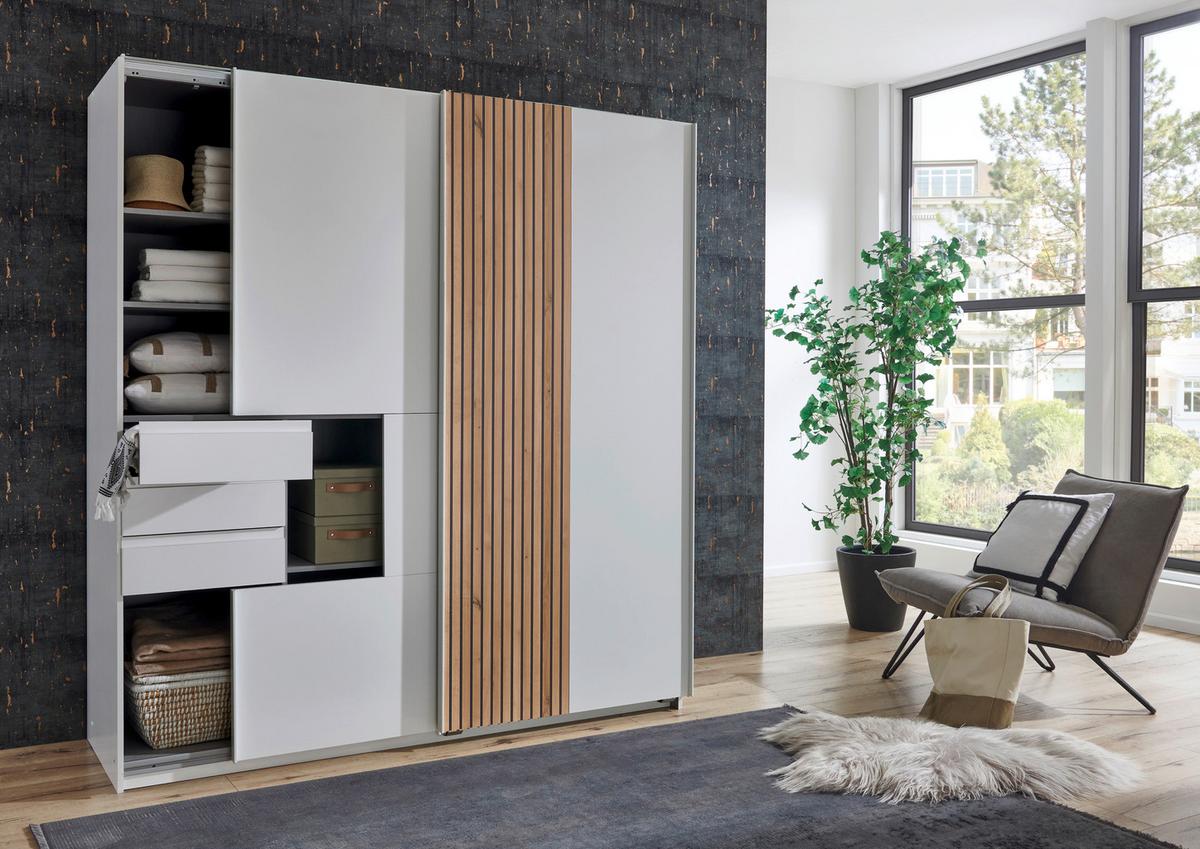 Schwebetürenschrank 180 cm Coburg Weiß/Eiche Dekor - Weiß/Eiche Artisan, MODERN, Holzwerkstoff (180/198/65cm) - MID.YOU