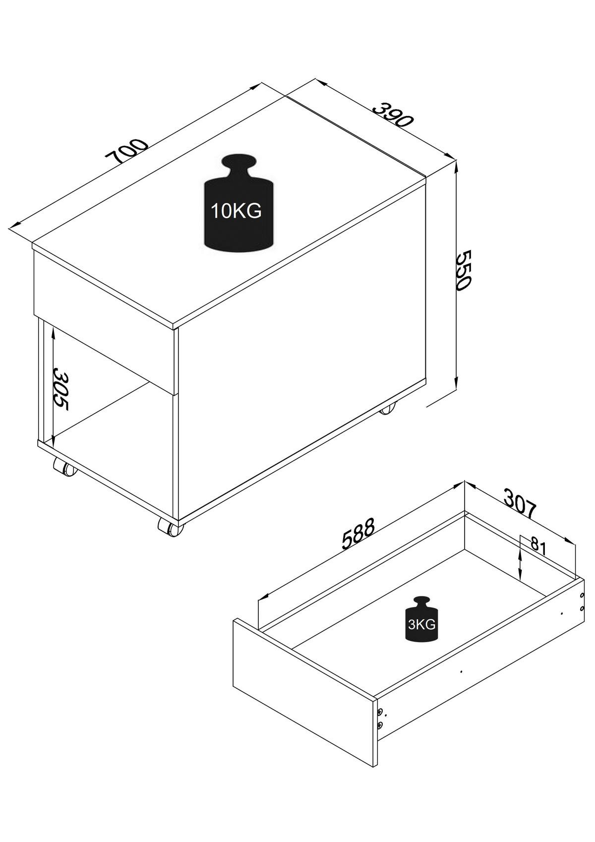 Rollcontainer Weiß Dalrosa 39x55x70 cm - Weiß, MODERN, Holzwerkstoff/Kunststoff (39/55/70cm) - MID.YOU