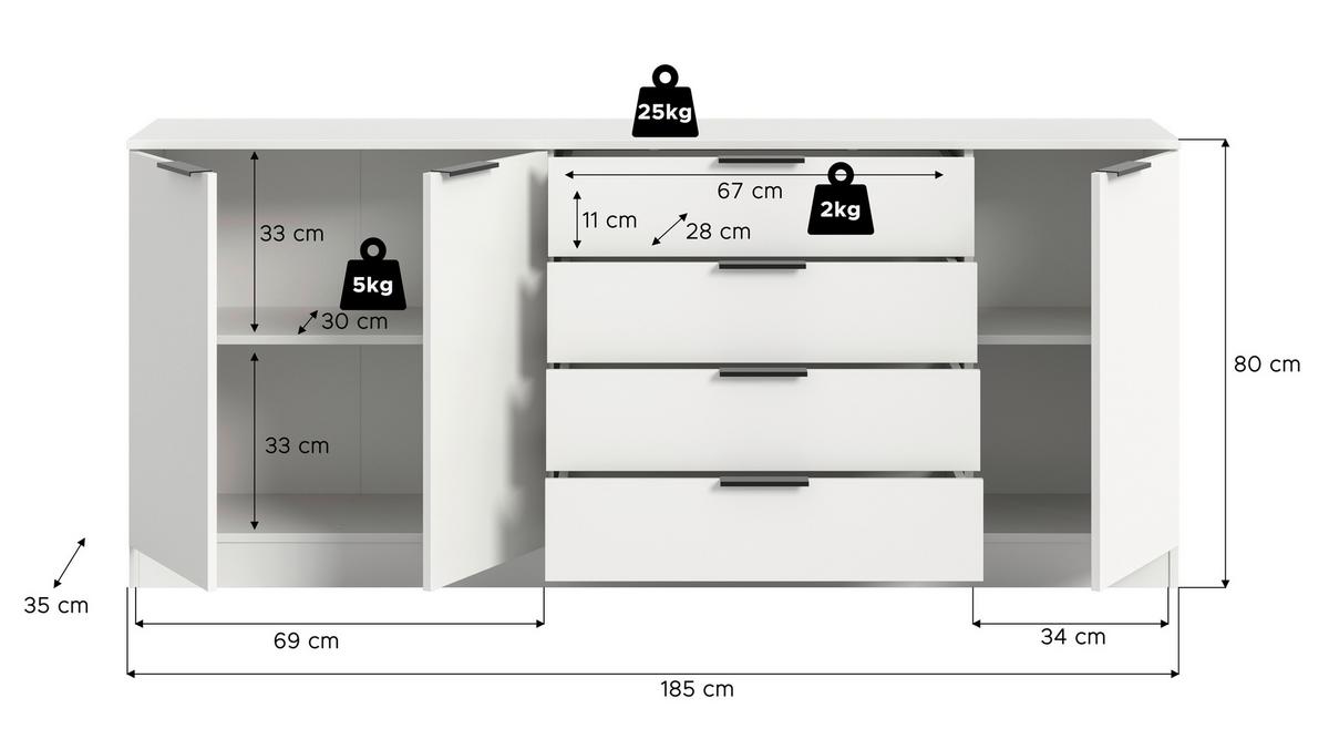 Kommode Kopenhagen, Weiß B: 185 Cm - Schwarz/Weiß, Design, Holzwerkstoff (185/80/35cm) - Livetastic
