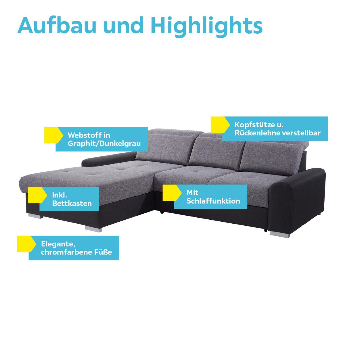 Ecksofa Mit Schlaffunktion + Bettkasten Malaga, Webstoff - Silberfarben/Graphitfarben, KONVENTIONELL, Textil (203/286cm) - Ondega