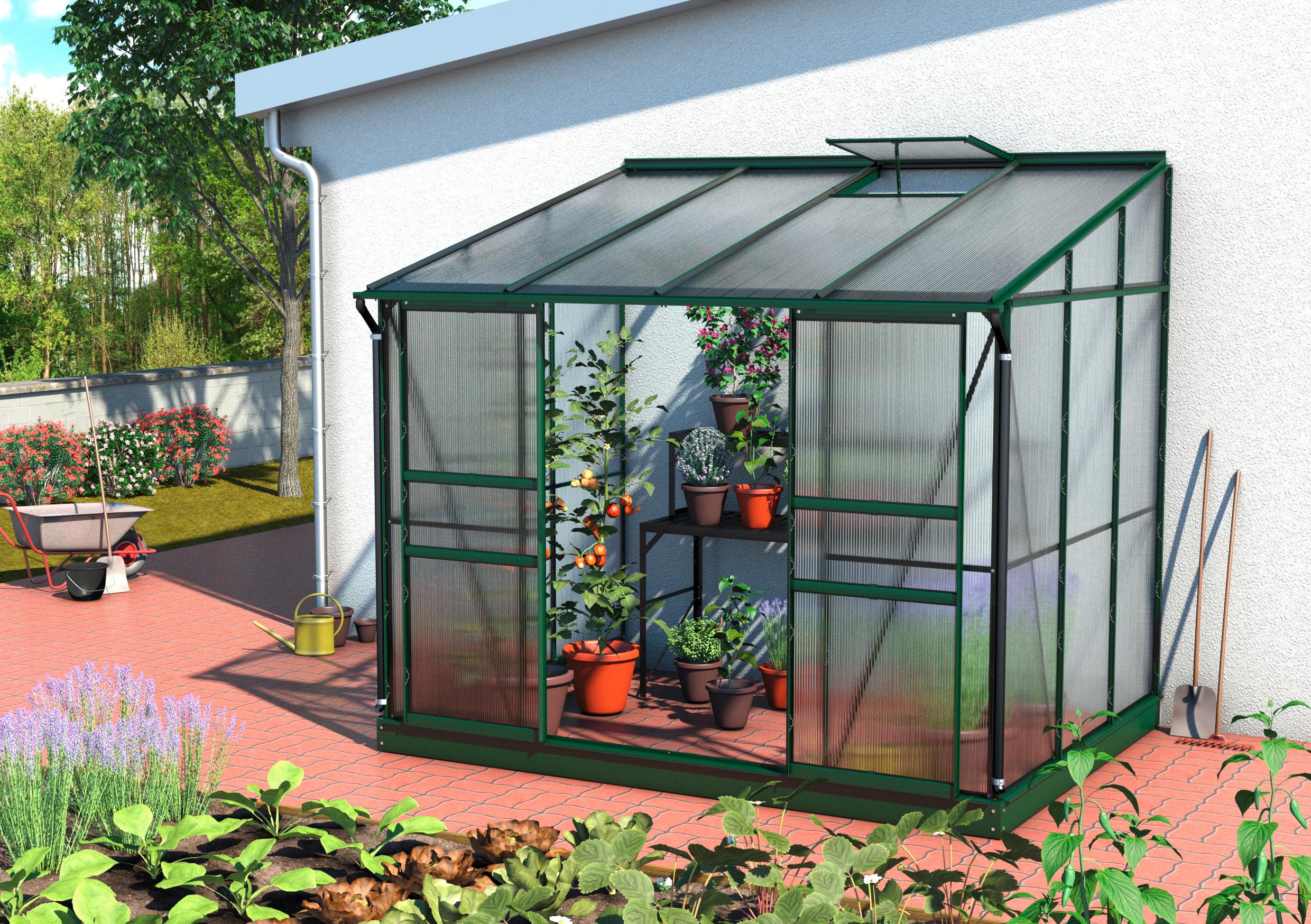 Anlehngewächshaus mit Pultdach und Aluminiumgestell in Smaragdgrün
