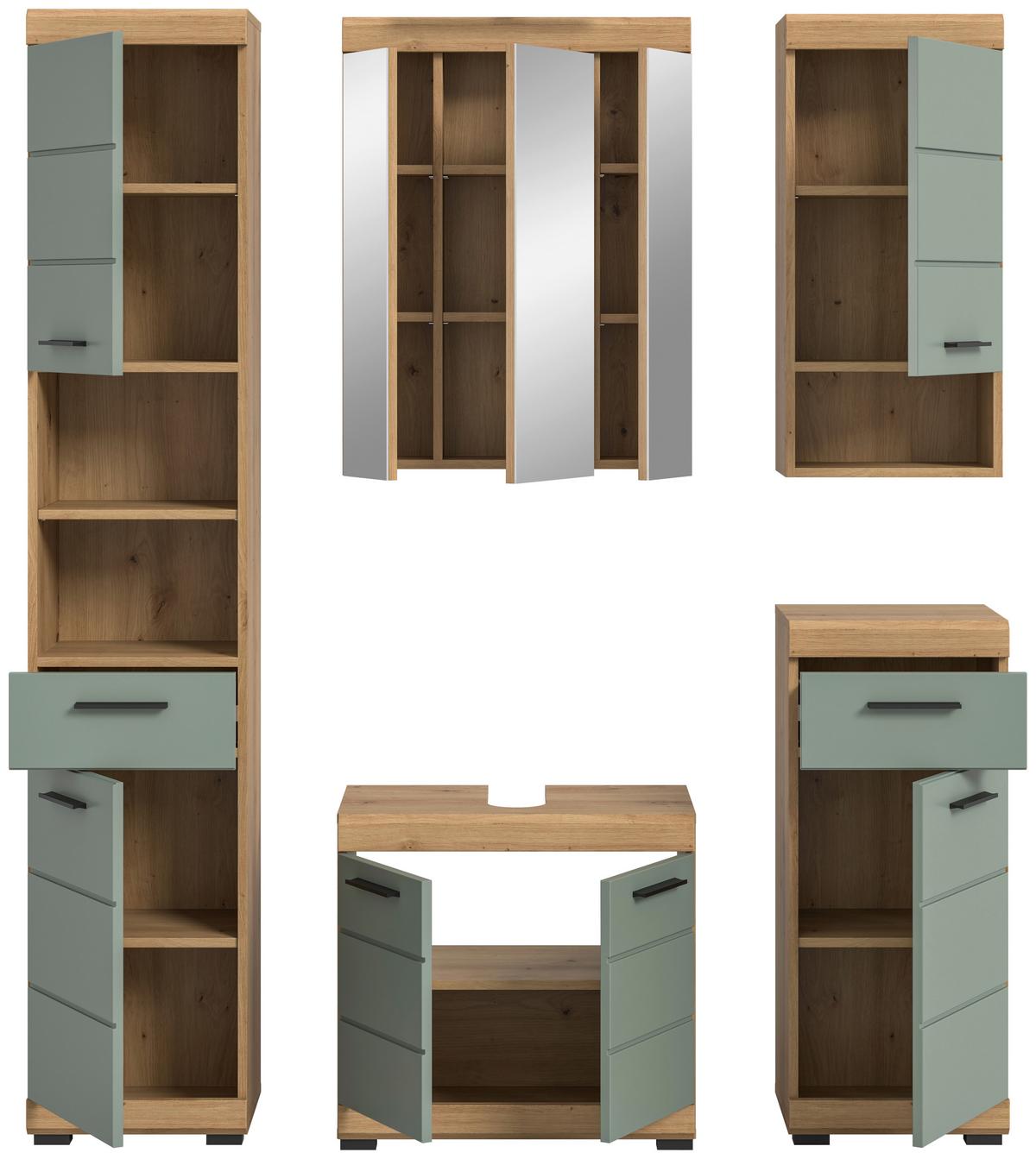 Badezimmer Scout Eiche Dekor/Salbeigrün B:134cm - Salbeigrün/Eichefarben, MODERN, Glas/Holzwerkstoff (134cm) - MID.YOU