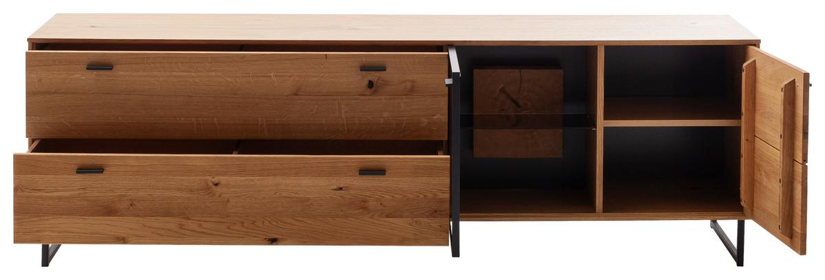 Lowboard Assini B: 213 cm Wildeiche - Wildeiche/Schwarz, Design, Glas/Holz (213/68/50cm) - MID.YOU