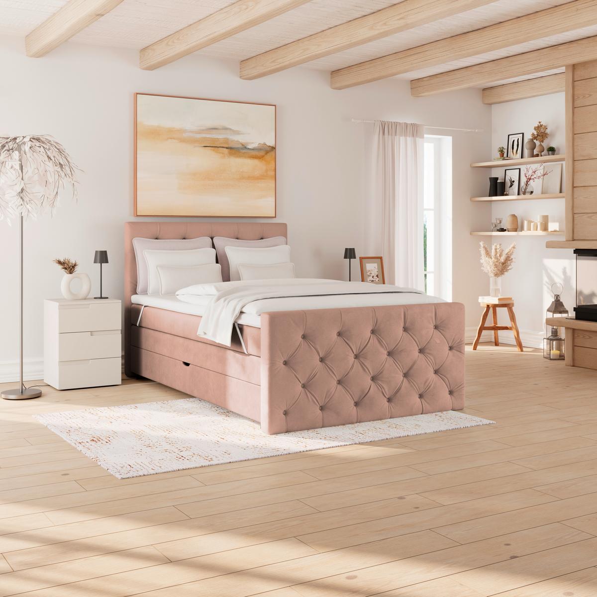 Boxspringbett Elio Altrosa 140x200 cm H2 - Beige/Schwarz, ROMANTIK / LANDHAUS, Textil (140/200cm) - James Wood