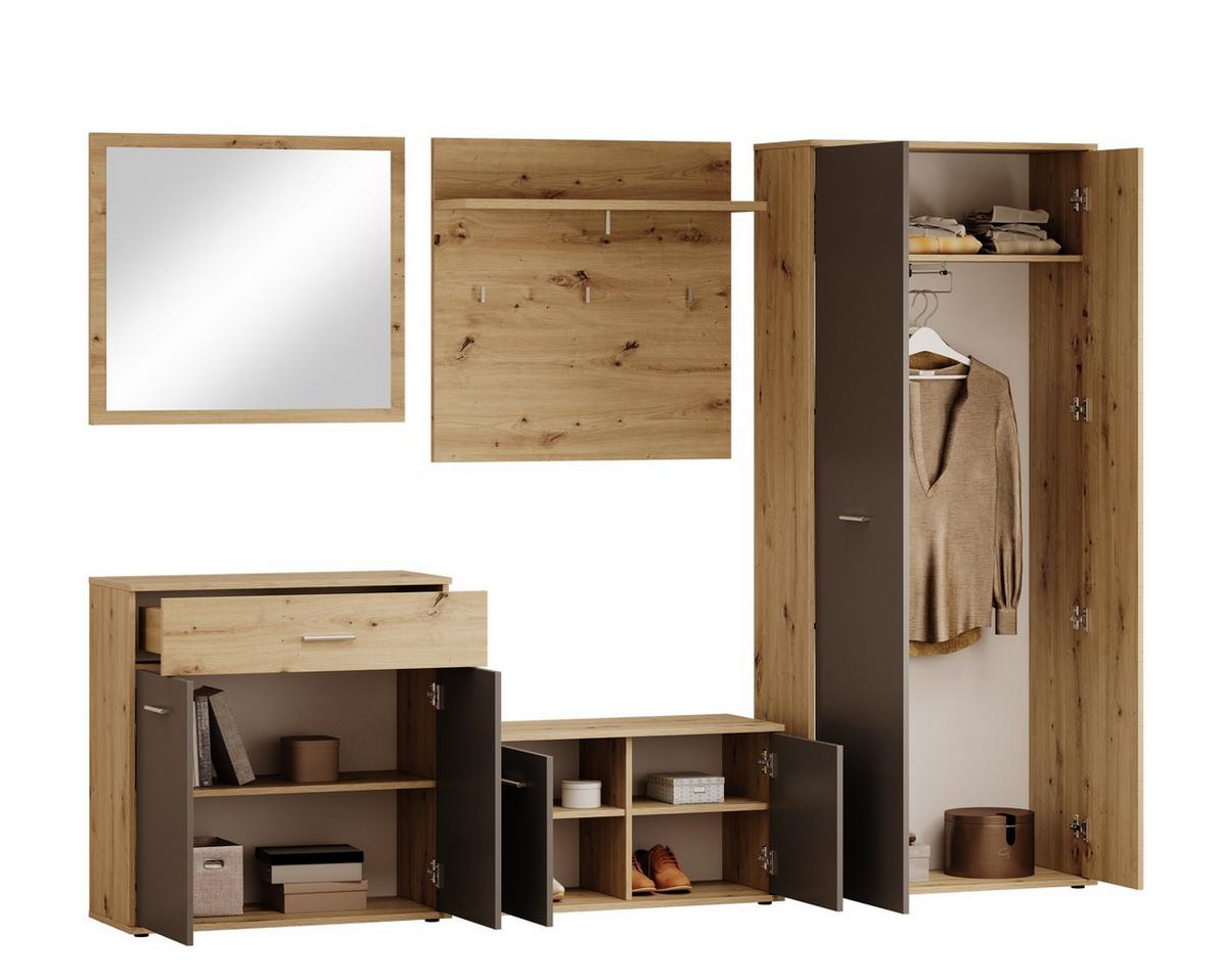 Garderobe Eva 5-teilig Anthrazit/eiche Artisanb:260cm - Anthrazit/Eiche Artisan, Design, Glas/Holzwerkstoff (260/190/35cm) - MID.YOU