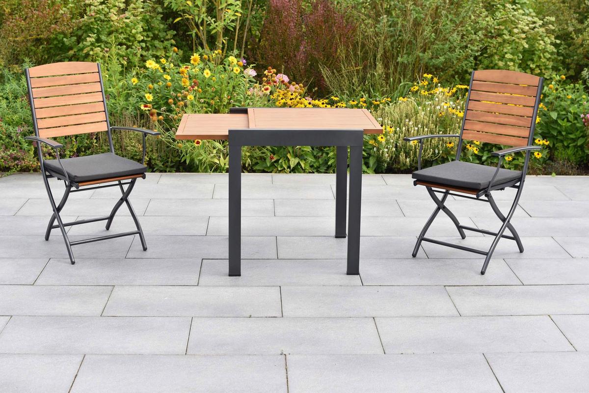 Gartentischgruppe 3tlg. Set Inkl. Sitzkissen - Graphitfarben/Naturfarben, KONVENTIONELL, Holz/Textil - Gardenson