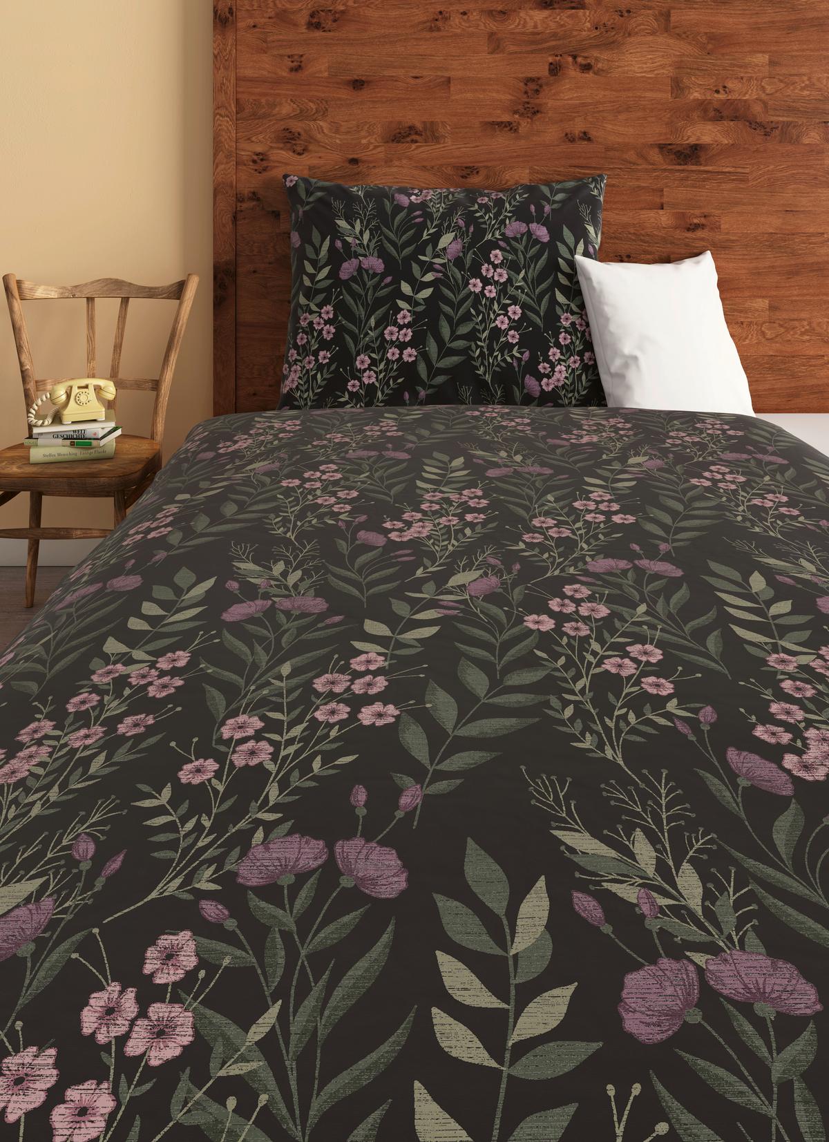 Satin Bettwäsche 140 X 200 cm Olivia Anthrazit Blumen - Anthrazit, ROMANTIK / LANDHAUS, Textil (140/200cm) - James Wood