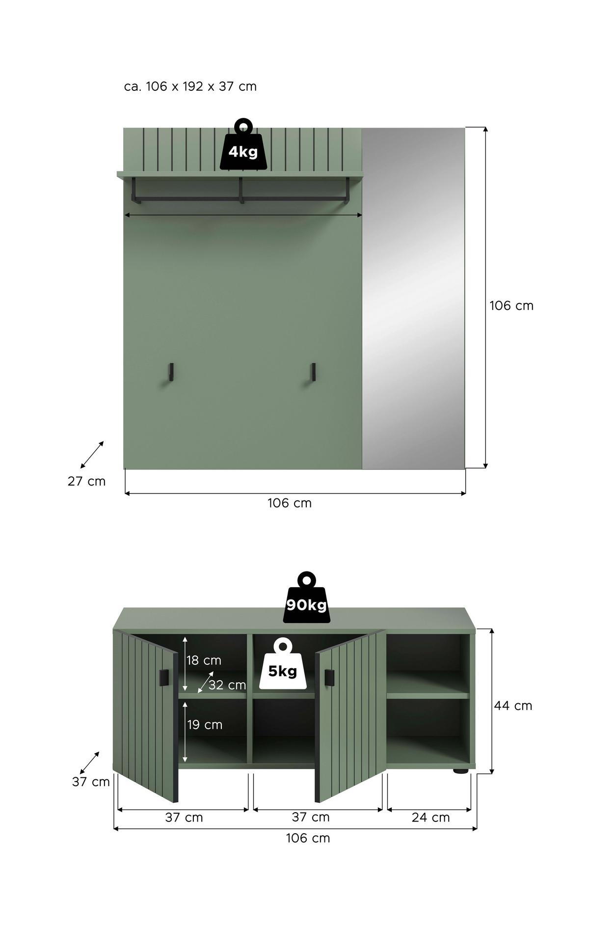 Garderobe Station Graugrün B: 106cm - Graugrün, Design, Holzwerkstoff (106/192/37cm) - MID.YOU