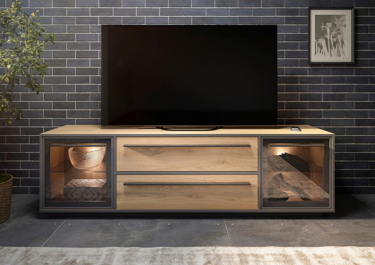 TV-Lowboard Nadiro B: 187 cm Wildeiche Dekor/Schwarz Matt - Eichefarben/Schwarz, Trend, Glas/Holzwerkstoff (187/55/40cm) - Livetastic