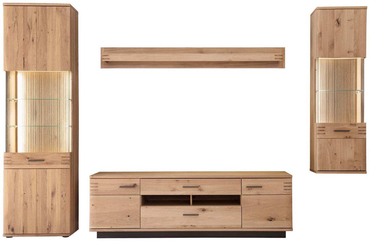 Wohnkombination teilmassiv 4--teilig. Salvador Eichefarben - Eichefarben/Schwarz, Design, Glas/Holz (305/208/50cm) - Livetastic