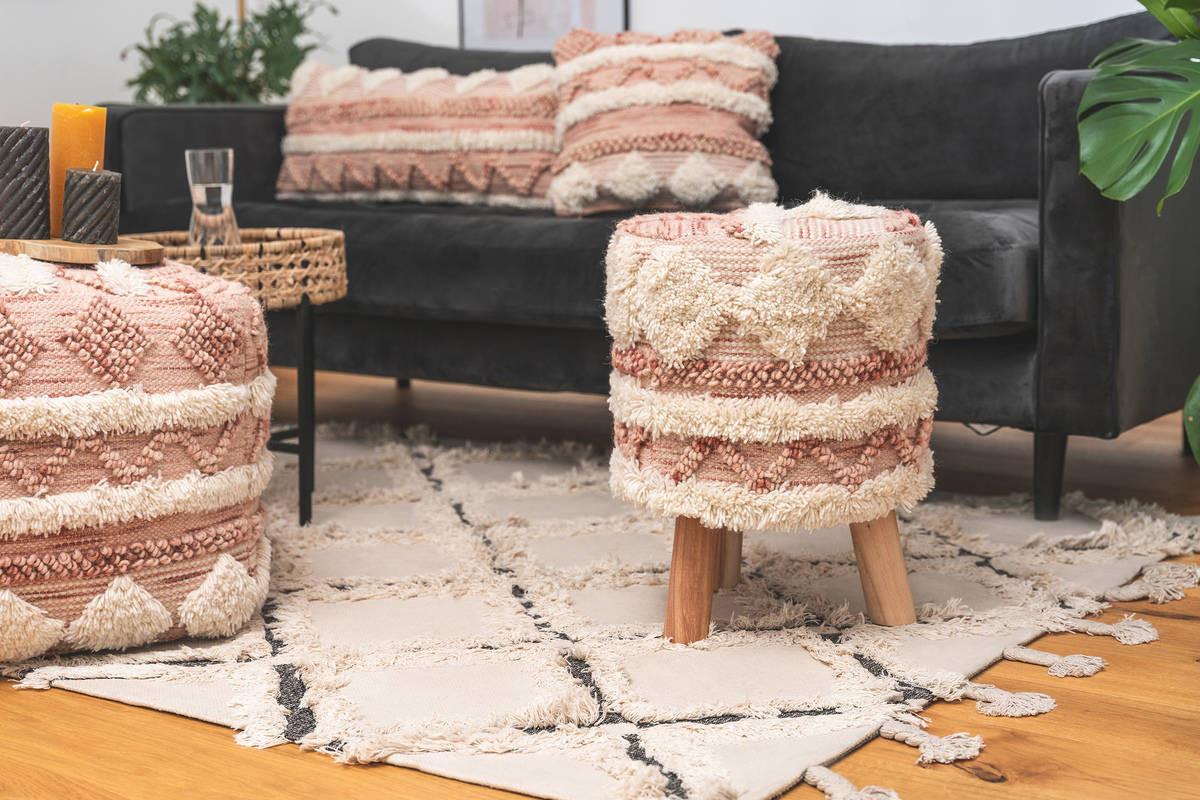 Hocker Bohist Makramee/ Echtholz Creme/rosa H: 50 Cm - Creme/Rosa, Trend, Holz/Textil (38/50/38cm) - Kayoom