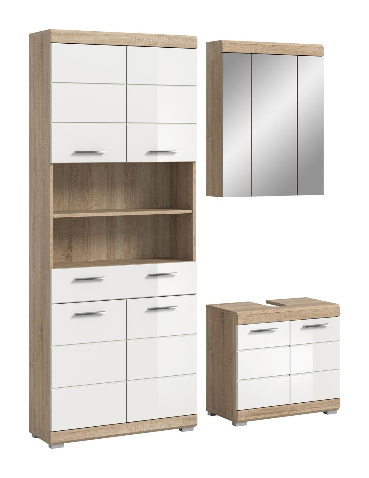 Badezimmer Lambada Weiß/Eiche Dekor B: 134 cm - Weiß Hochglanz/Eichefarben, Basics, Holzwerkstoff (134/191/34cm) - MID.YOU