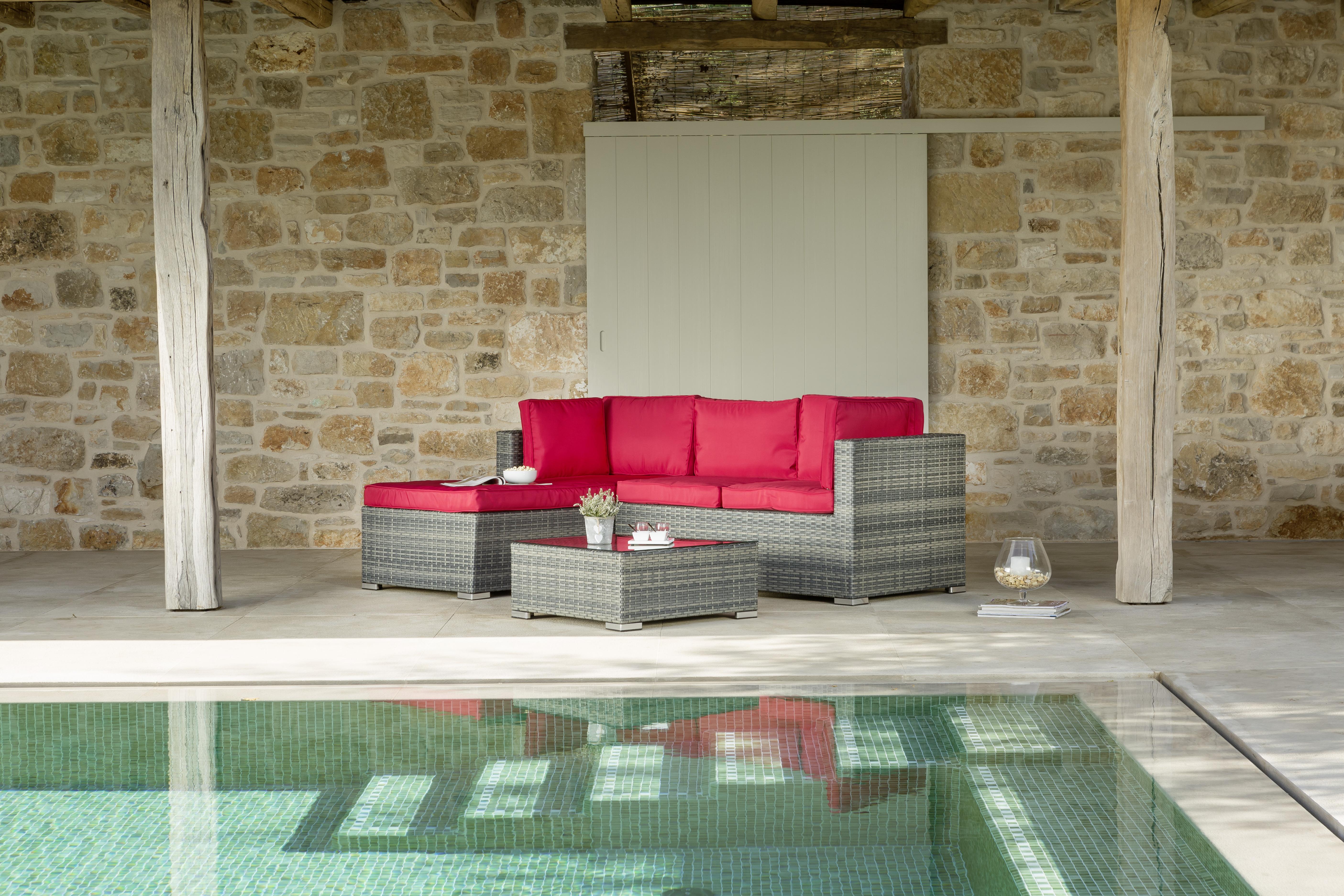Loungegarnitur 3-tlg Leona Aus Polyrattan Mit Kissen - Rot/Braun, MODERN, Glas/Kunststoff (146/199cm) - Luca Bessoni