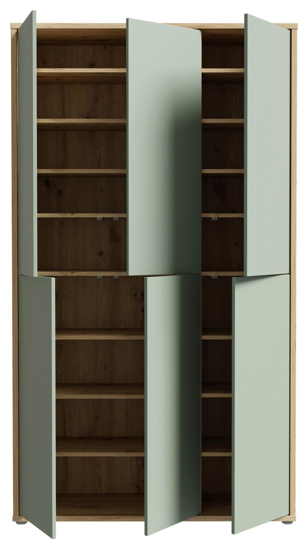 Skříň na boty, pastelově zelená/dub artisan - šedá/šalvějově zelená, Moderní, kompozitní dřevo/plast (109,2/191,9/34,9cm)