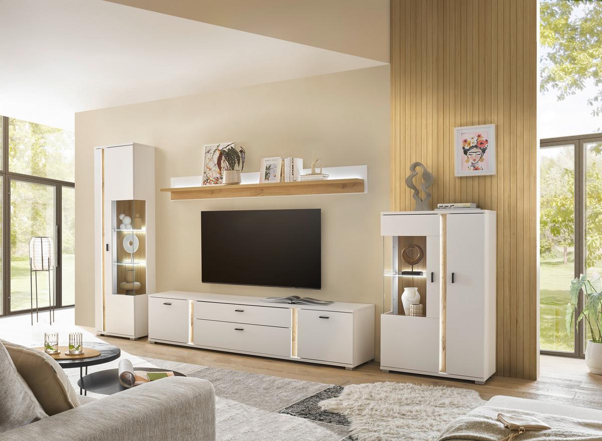 Wohnwand Long Island Weiß/Eiche Wotan B: 355cm - Silberfarben/Eiche Wotan, Design, Glas/Holzwerkstoff (355/200/42cm) - MID.YOU