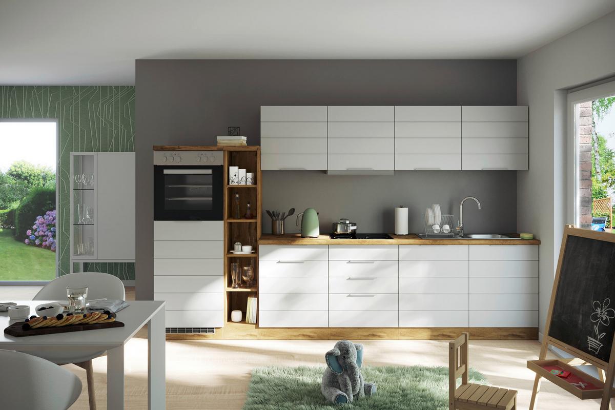 Küchenzeile Florenz mit Geräten 330 cm Weiß/Eichefarben - Eiche Wotan/Weiß, Design, Holzwerkstoff (330cm) - Held