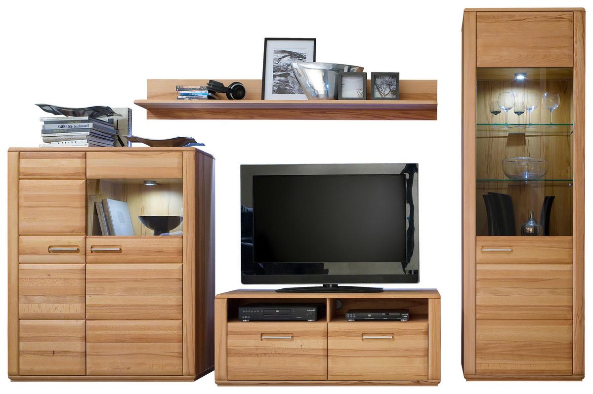 Wohnkombination teilmassiv 4--teilig. Sena Buchefarben - Buchefarben, Design, Glas/Holz (319/209/51cm) - Livetastic