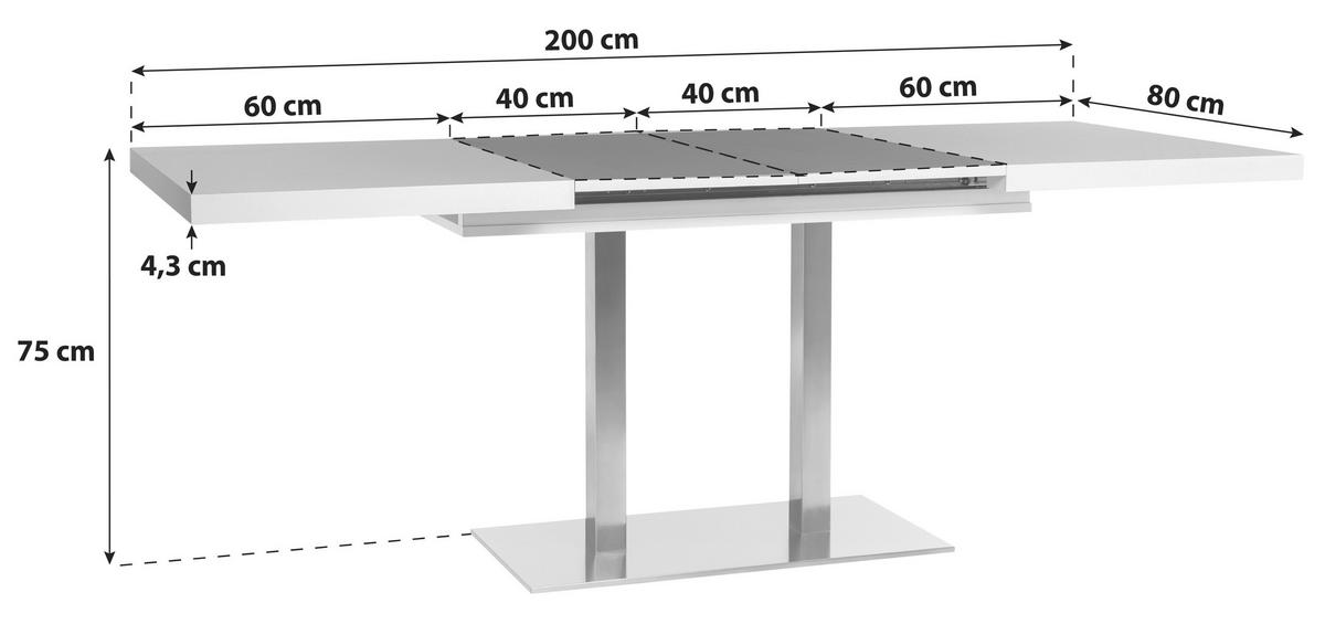 Kihúzható Étkezőasztal Quadrato - nemesacél/fehér, Modern, faalapú anyag/fém (120/80/75cm)