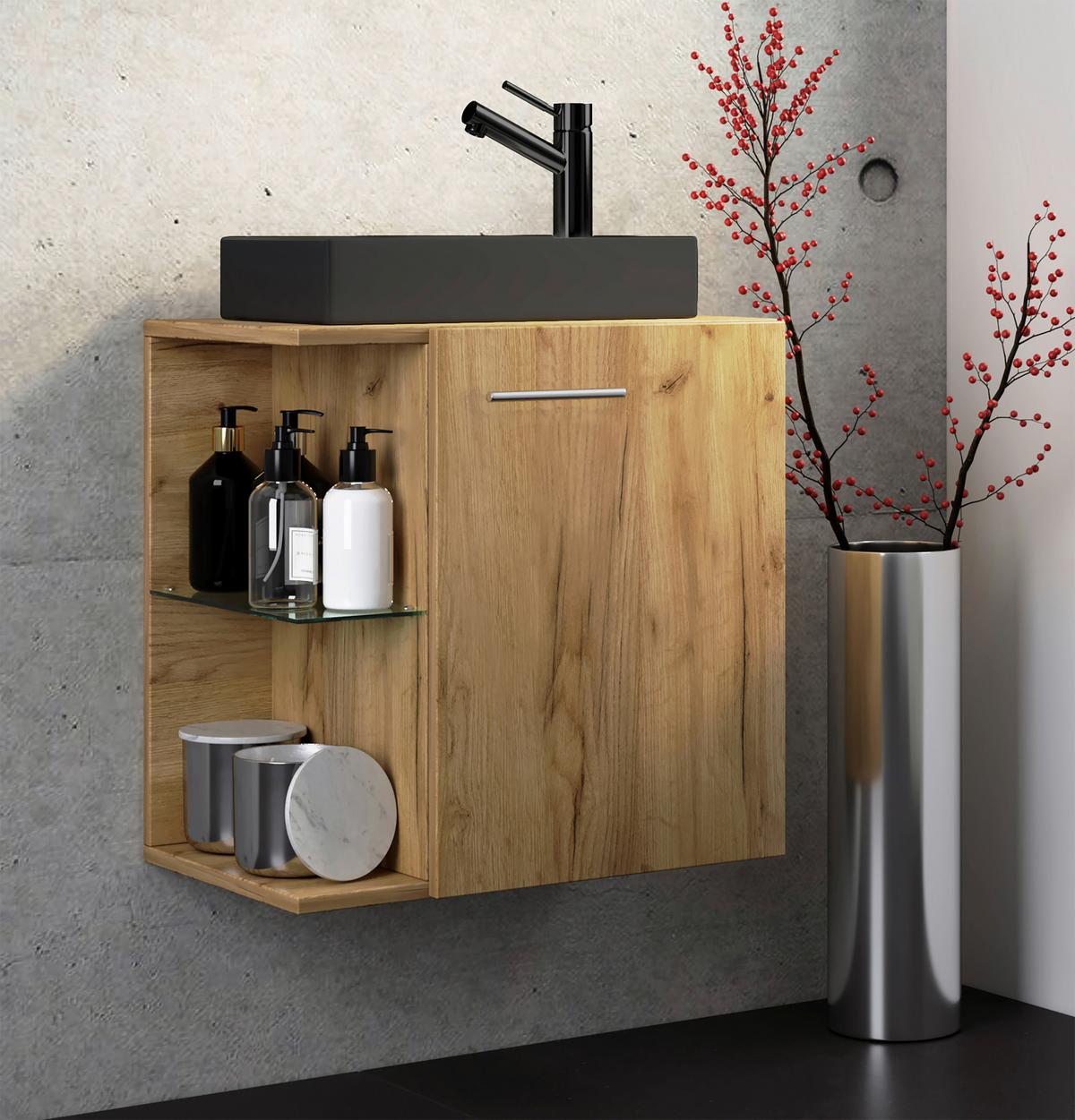 Waschtischkombi Hausa Bl - Honigeiche/Schwarz, MODERN, Glas/Keramik (52cm) - MID.YOU