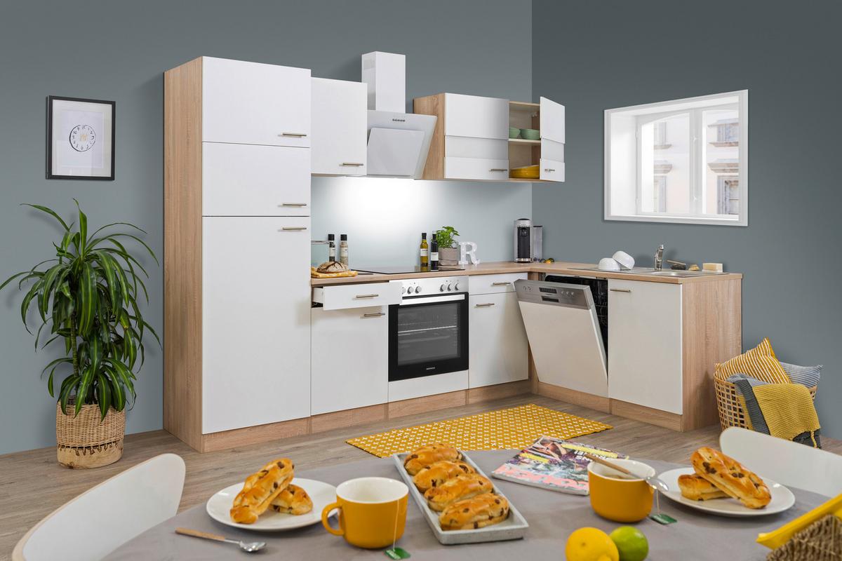 Eckküche Economy mit Geräten 172x280 cm Weiß/Eiche Dekor - Eichefarben/Weiß, Basics, Glas/Holzwerkstoff (280/172cm) - Respekta