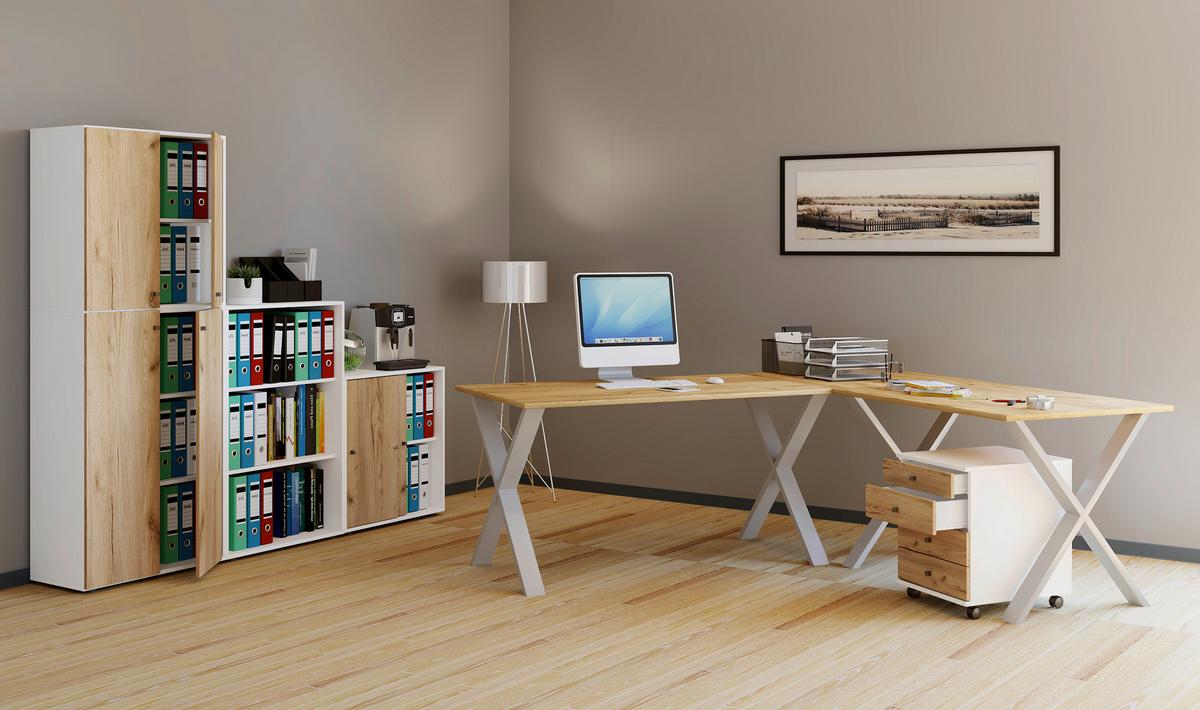 Eckschreibtisch Lona Silberfarbe/eiche D. L: 130 Cm - Honigeiche/Silberfarben, Design, Holzwerkstoff/Metall (130/130/76cm) - MID.YOU