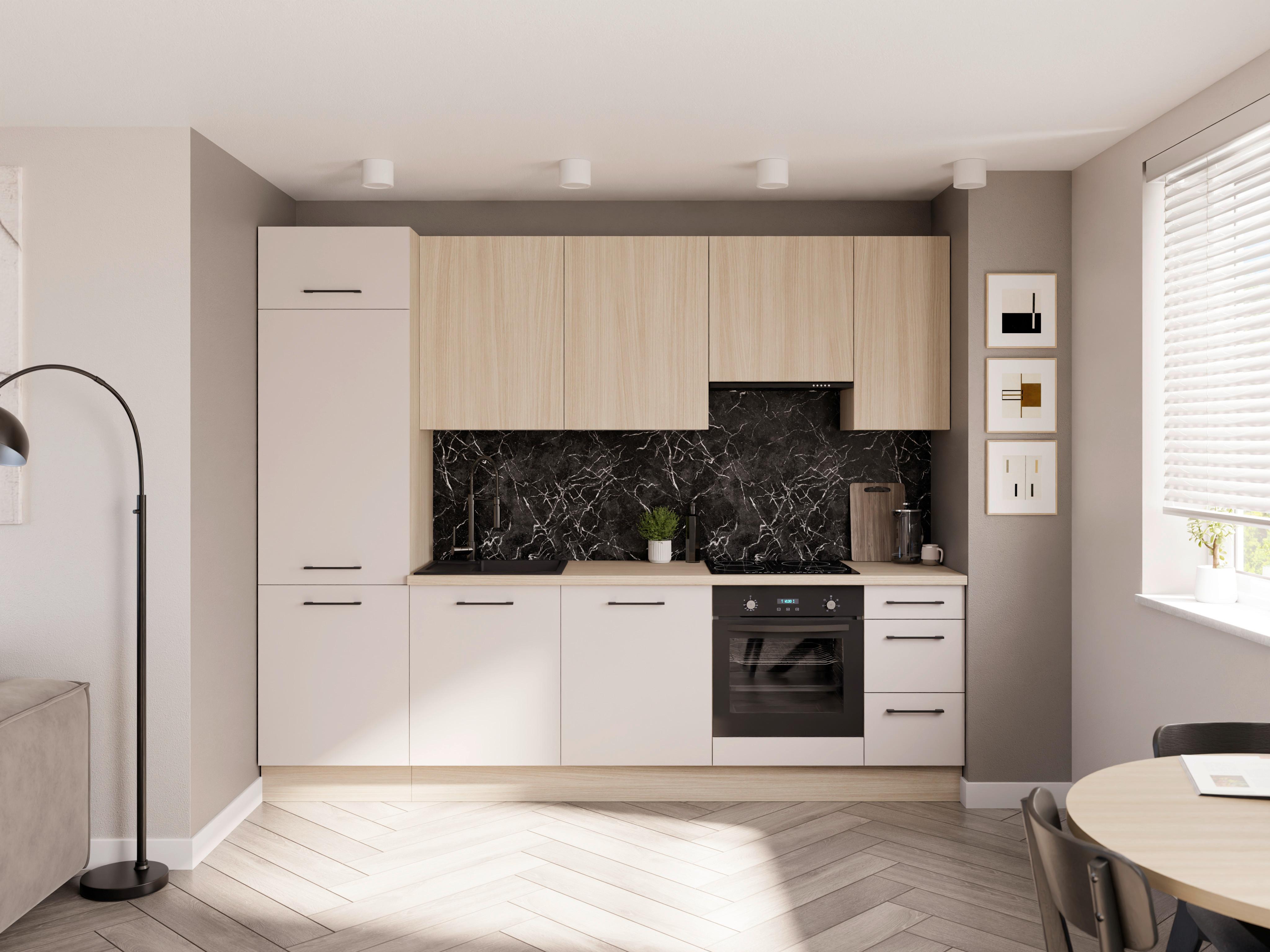 Kuchynský blok BRAVO kašmír / dub Barista - čierna/kašmírová, kompozitné drevo/plast (280/237/60cm)