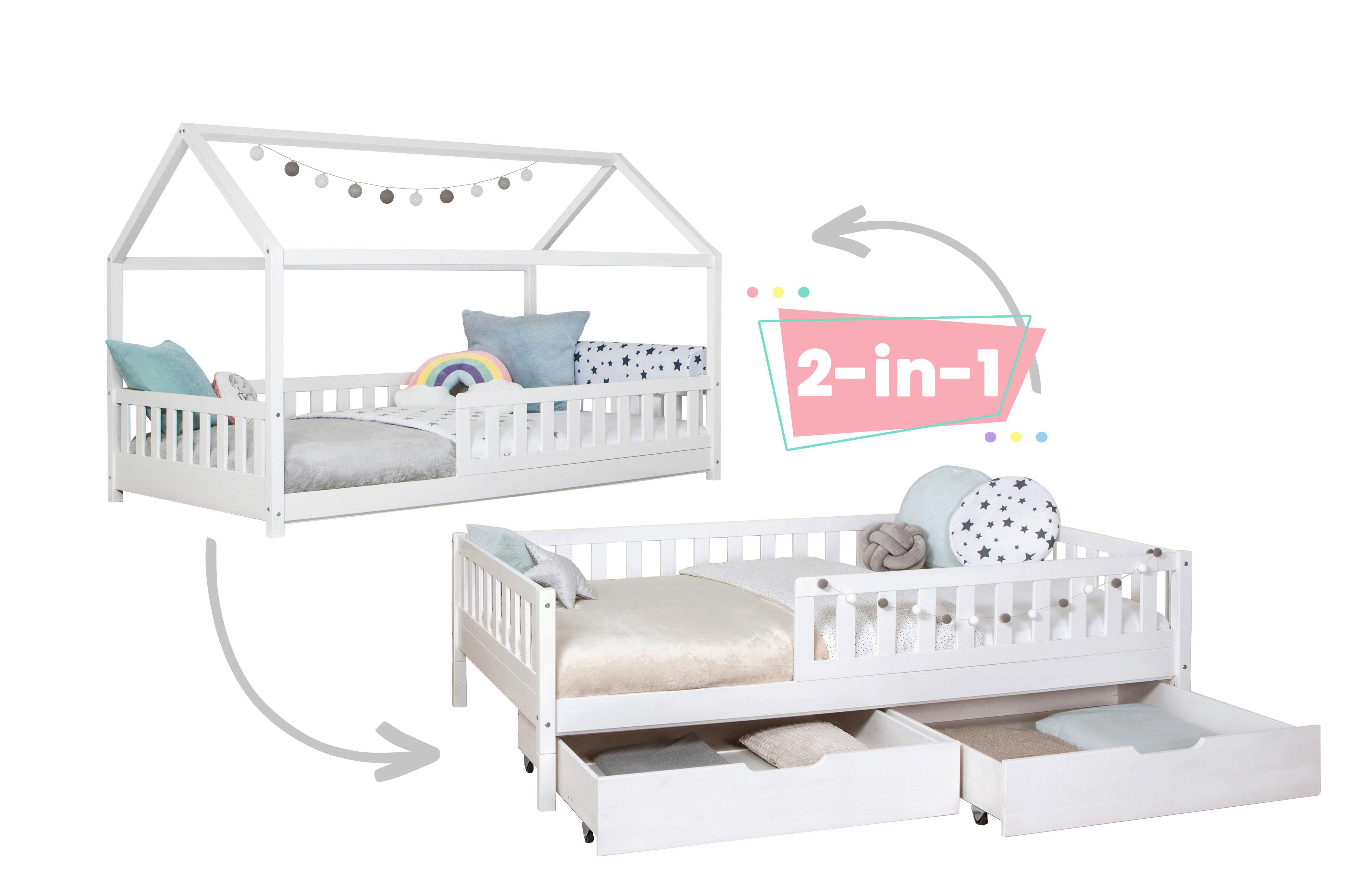 Stauraumbett 90x200 Weiß - Weiß/Naturfarben, MODERN, Holz (90/200cm) - MID.YOU