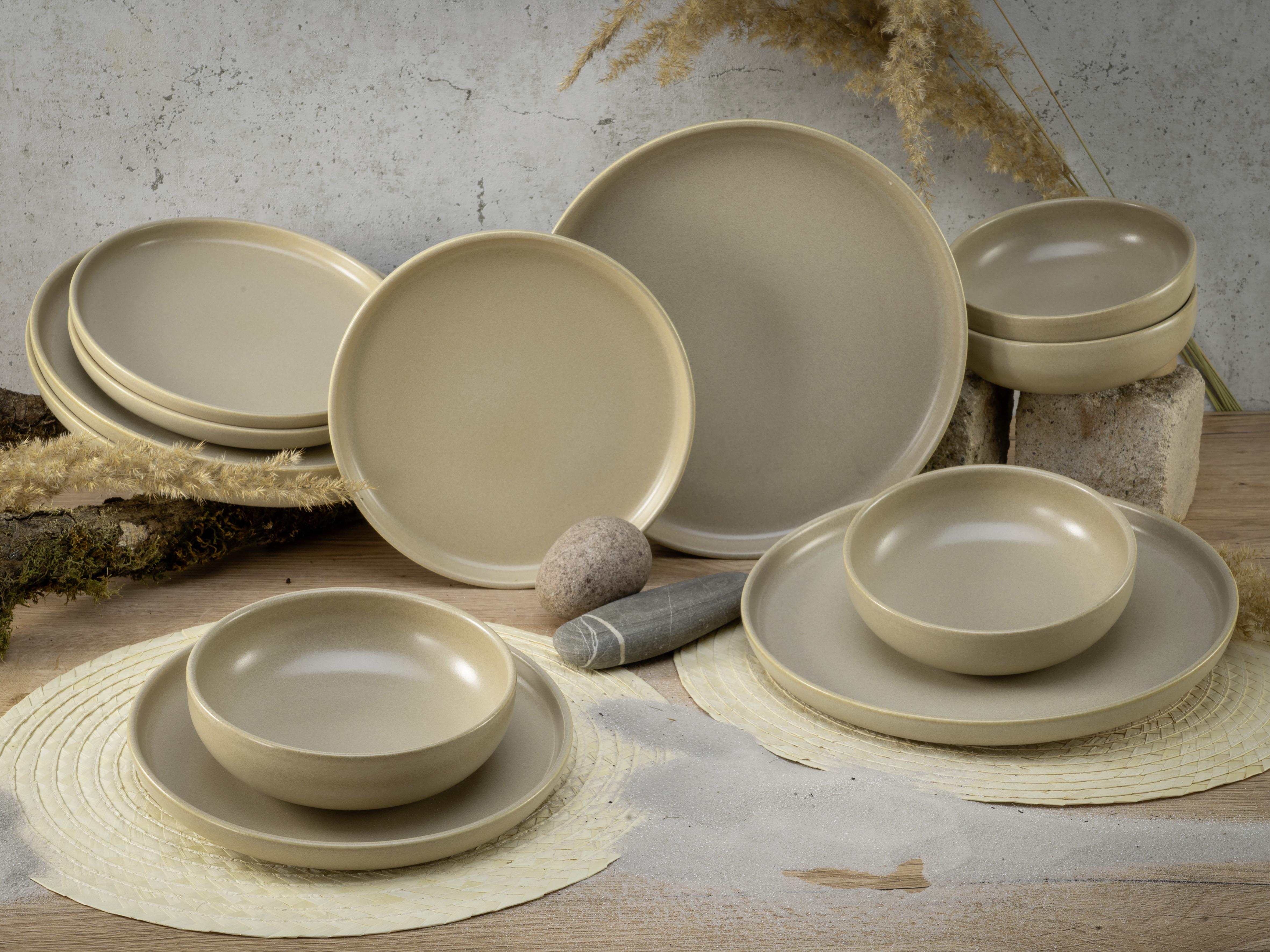 Keramik: Steinzeug • Sandfarben • mikrowellengeeignet • 12-teilig, für: 4Personen • spülmaschinengeeignet