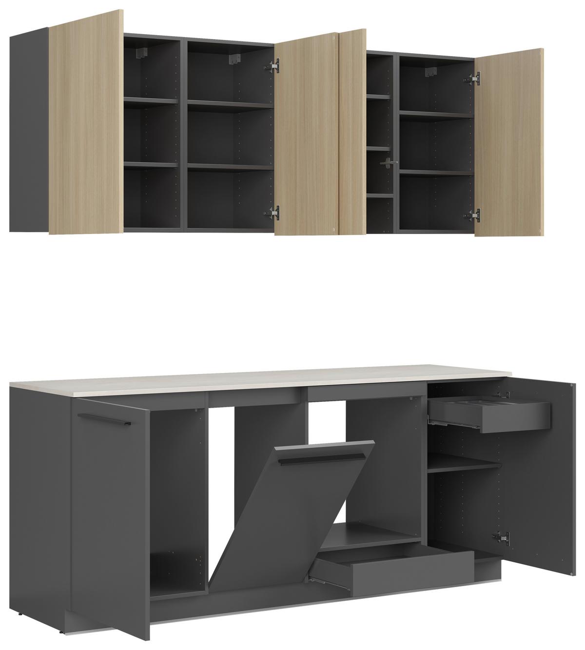 Kuchynská linka, š.210 cm, vr.pasparty a dekorač.obkladu - čierna/sivá, Basics, kompozitné drevo/plast (210cm) - Visiona