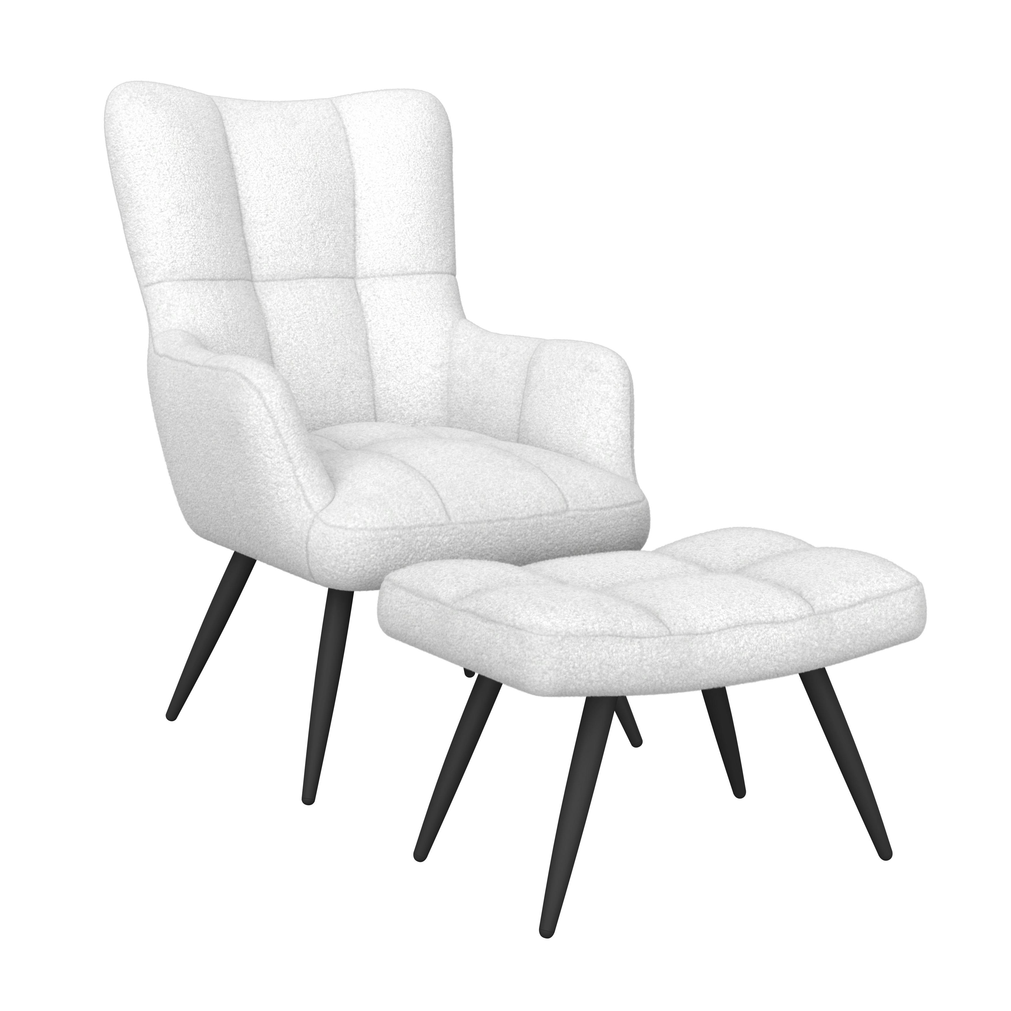 Ohrensessel Hanoi Webstoff weiß, B: 71 cm - Schwarz/Weiß, MODERN, Textil/Metall (71/98/83cm)