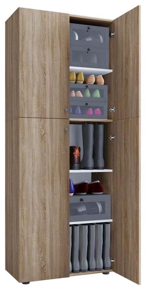 Schuhschrank Lona Eiche Dekor 4-Türig Hoch B: 70 cm - Eichefarben/Schwarz, KONVENTIONELL, Holzwerkstoff (70/182/37cm) - MID.YOU
