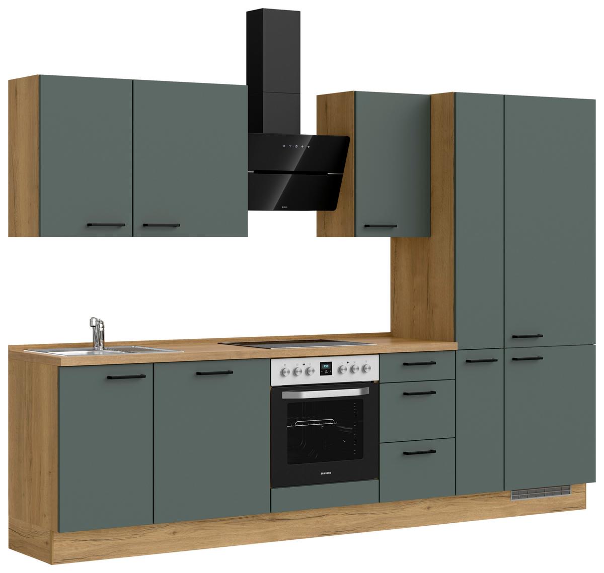 Kuchyňská linka 300 cm, minerální zelená,ultra matná - barvy dubu/černá, Moderní, kov/kompozitní dřevo (300cm) - Nobilia