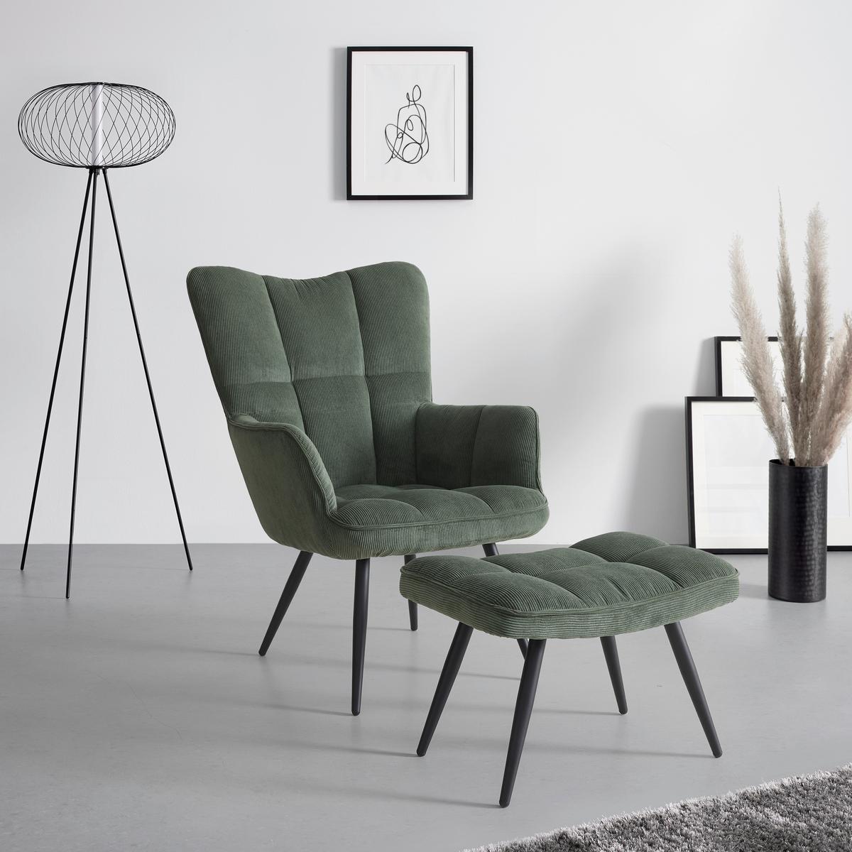 Křeslo s taburetem ALEX, zelený manšestr, max. 120 kg - černá/zelená, Moderní, kov/textil (68/100/78cm) - Mömax