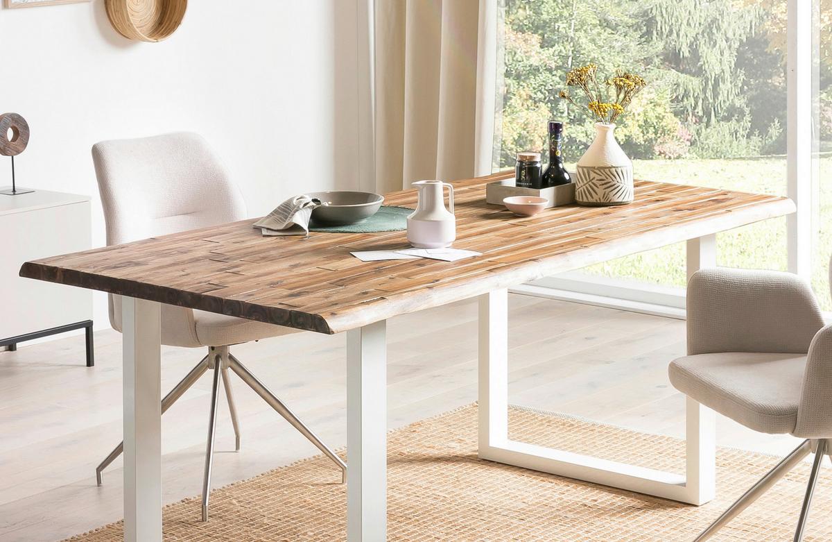 Esstisch Akazie Massiv/weiß 140x80 - Weiß/Naturfarben, MODERN, Holz/Metall (140/80/75cm) - Livetastic