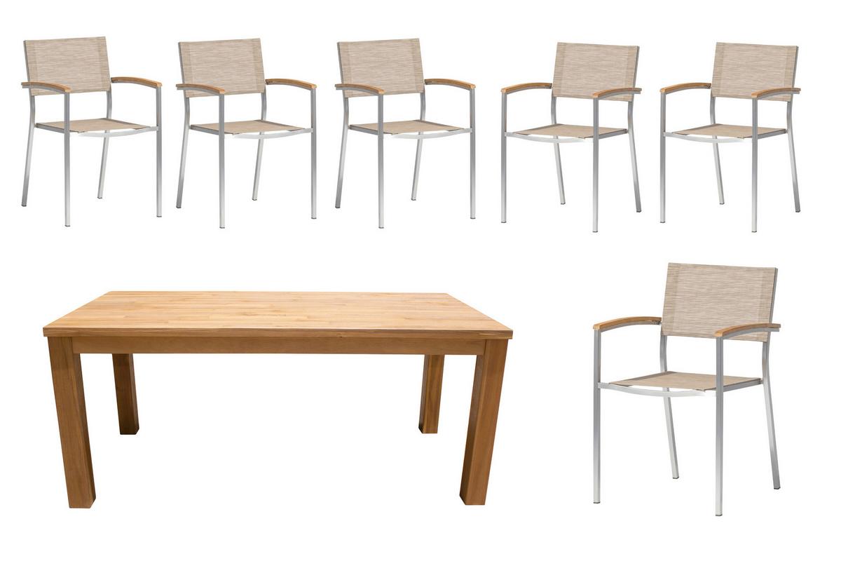 Gartengarnitur 7-Tlg. Holz/Metall/Textil - Sandfarben/Anthrazit, Basics, Holz/Textil (180/78/90cm) - Gardenson