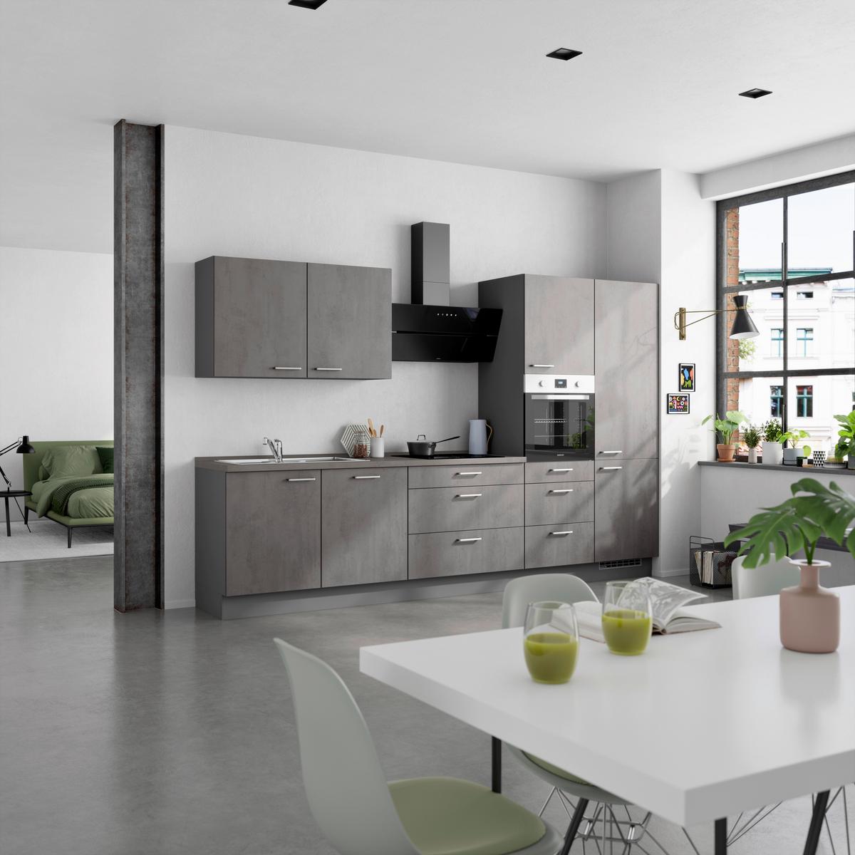 Kuchynská linka 330 cm, bridl.šedý betón/bridl.šedá - farba ušľachtilej ocele/bridlicová, Modern, kov/kompozitné drevo (330cm) - Nobilia