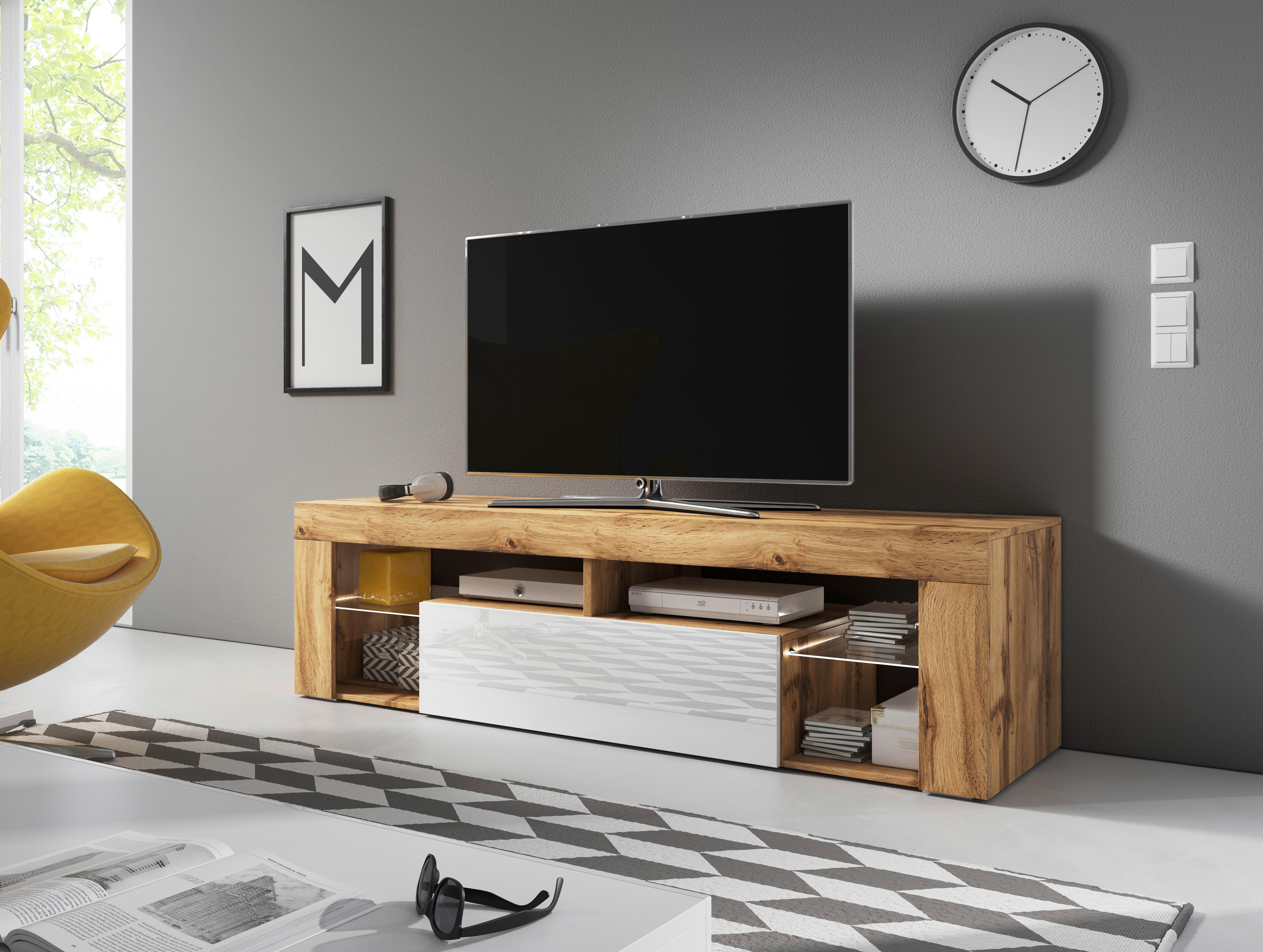 TV-Lowboard Everest B: 140 cm Wotan Eiche Dekor, Weiß