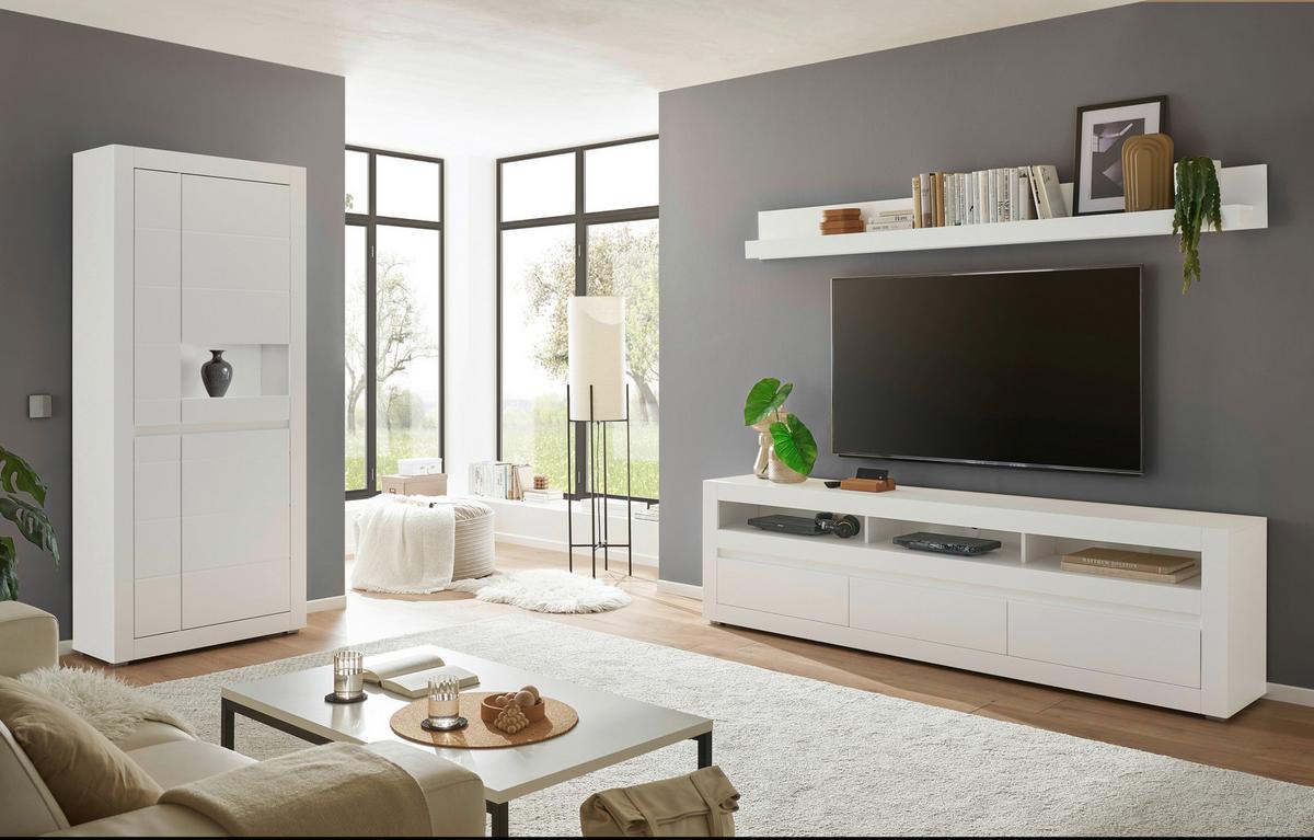 Wohnwand Chester Weiß/Eichefarben B: 312cm - Eichefarben/Silberfarben, Design, Glas/Holzwerkstoff (312/198/42cm) - MID.YOU