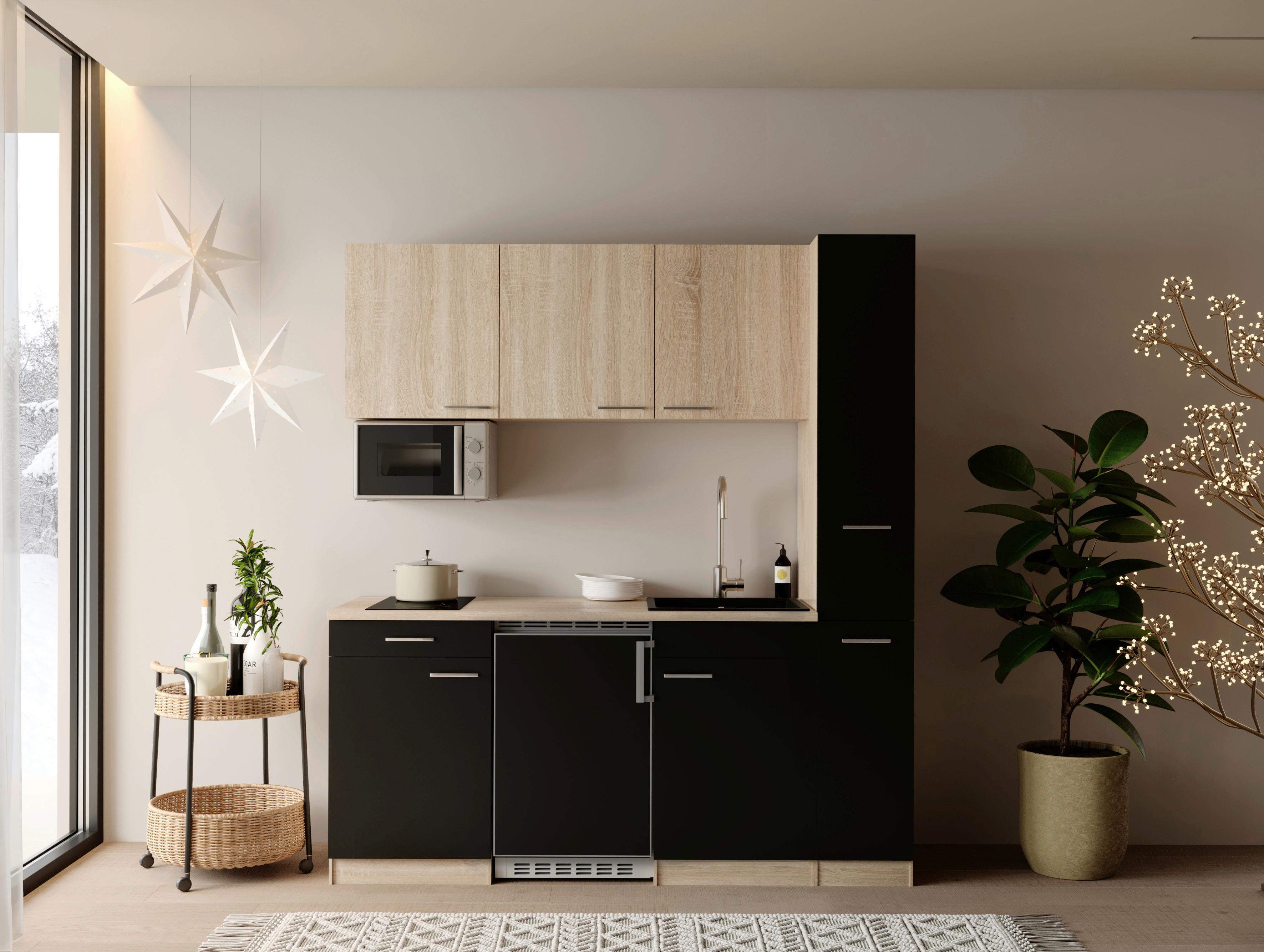 KÜCHENBLOCK Ingrid, Schwarz B: 180 cm - Eichefarben/Schwarz, Design, Holzwerkstoff (180cm) - Respekta
