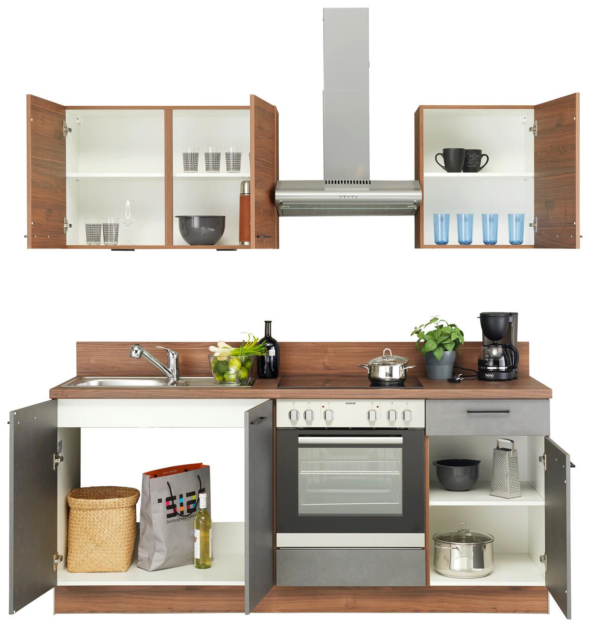 Küchenzeile Base mit Geräten 200 cm Stahl-/Nussfarben - Anthrazit/Grau, Design, Holzwerkstoff (200cm) - Express