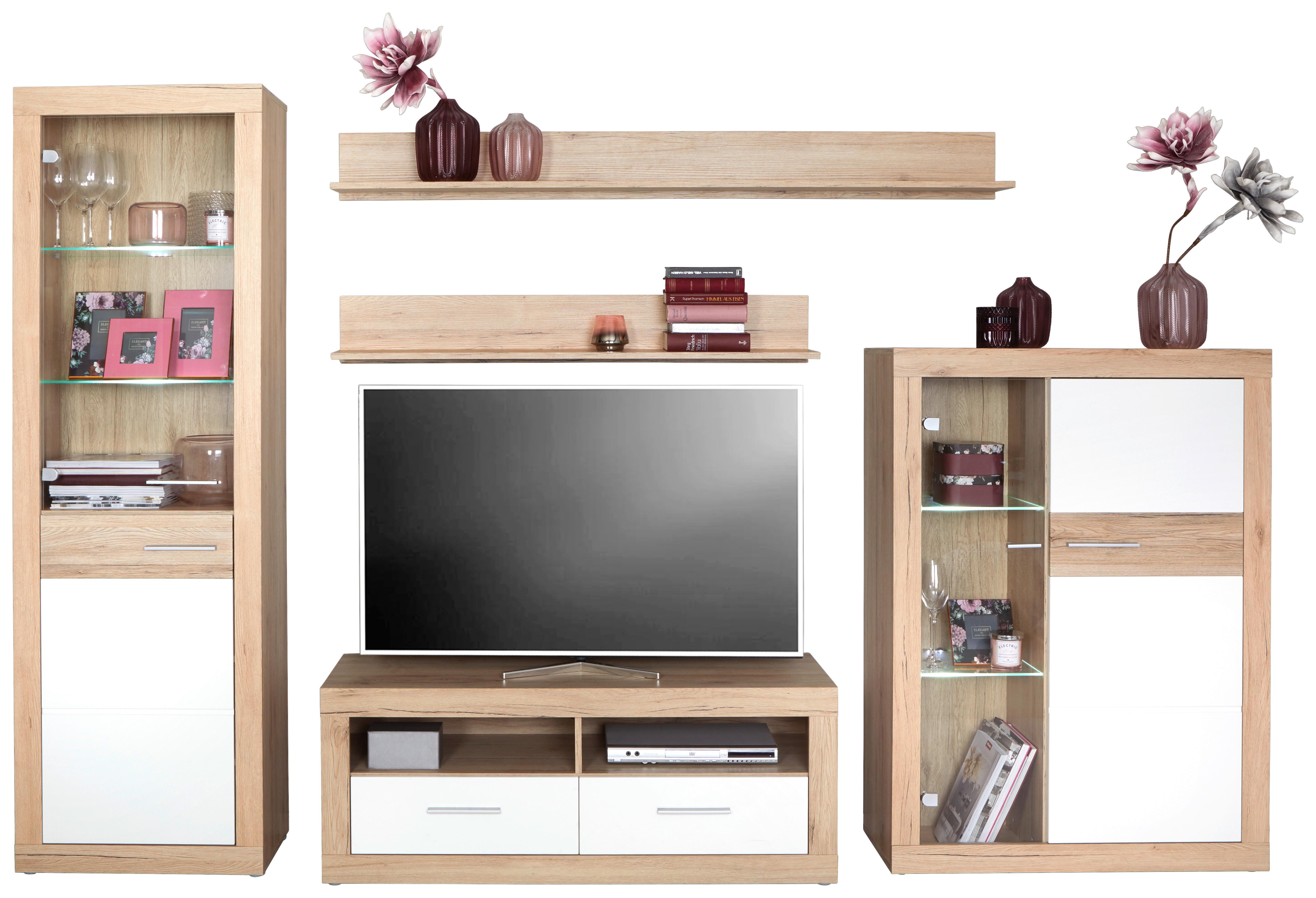 Wohnkombination 5 -Teilig. mit Led Malta 9, Eiche Dekor/Weiß - Eichefarben/Weiß, MODERN, Glas/Holzwerkstoff (288/197/42cm)