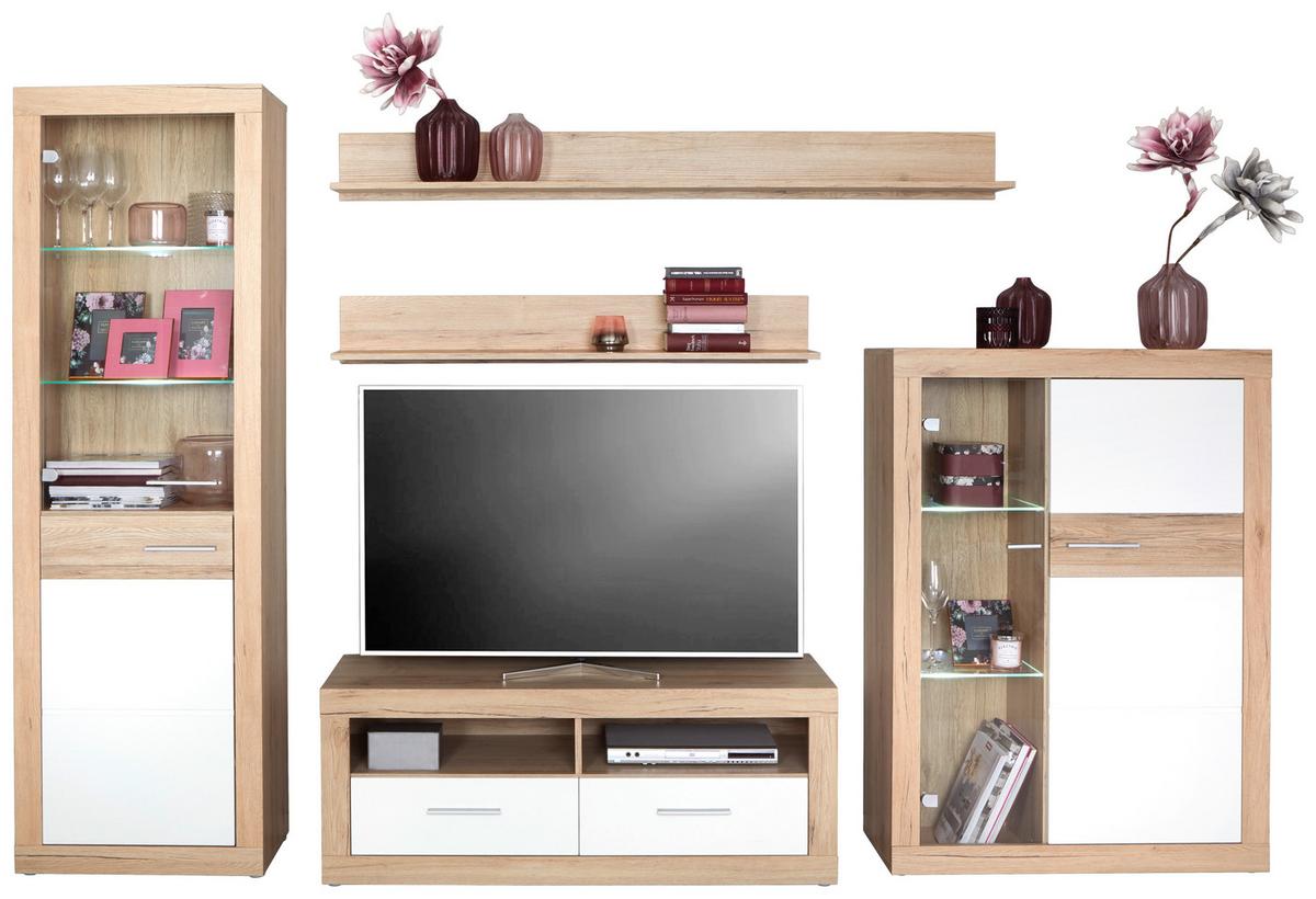 Wohnkombination 5 -Teilig. mit Led Malta 9, Eiche Dekor/Weiß - Eichefarben/Weiß, MODERN, Glas/Holzwerkstoff (288/197/42cm)