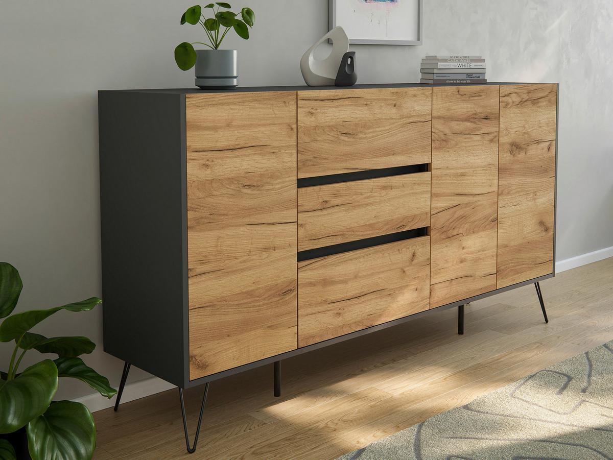 Sideboard Posseik Industrial Eichefarben/graphitf. B: 177cm - Eichefarben/Schwarz, Design, Holzwerkstoff (177/93,6/42cm) - P & B