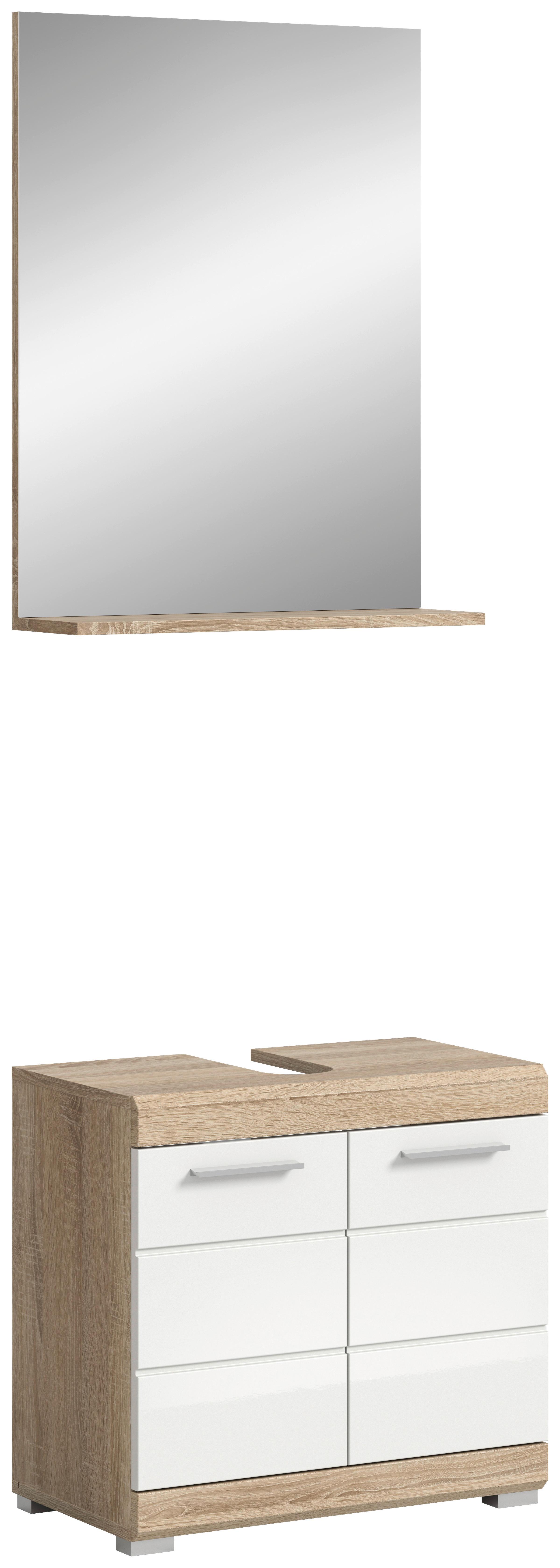 Badezimmer Lambada Eiche Dekor/weiß B: 60 Cm - Weiß Hochglanz/Silberfarben, MODERN, Glas/Holzwerkstoff (60cm) - MID.YOU