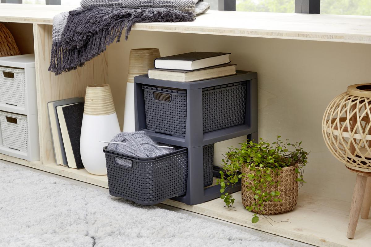 Schubladenbox Rattan Weiß , Anthrazit, 24,1x29,6x33 cm - Anthrazit/Weiß, Basics (24,1/29,6/33cm) - Ondega