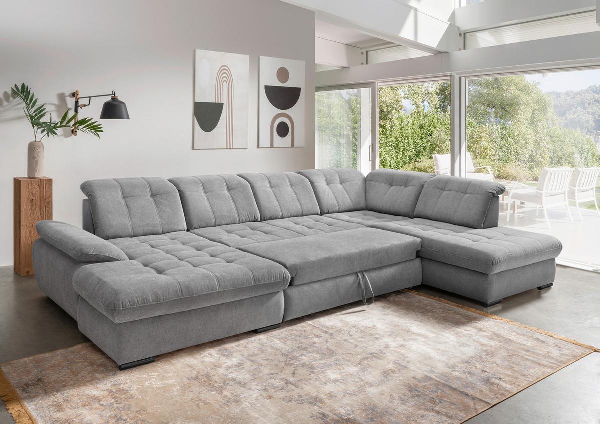 Wohnlandschaft Mit Bettkasten Rigatti Silberfarben B: 387 Cm - Silberfarben/Schwarz, MODERN, Textil (184/387/252cm) - Livetastic
