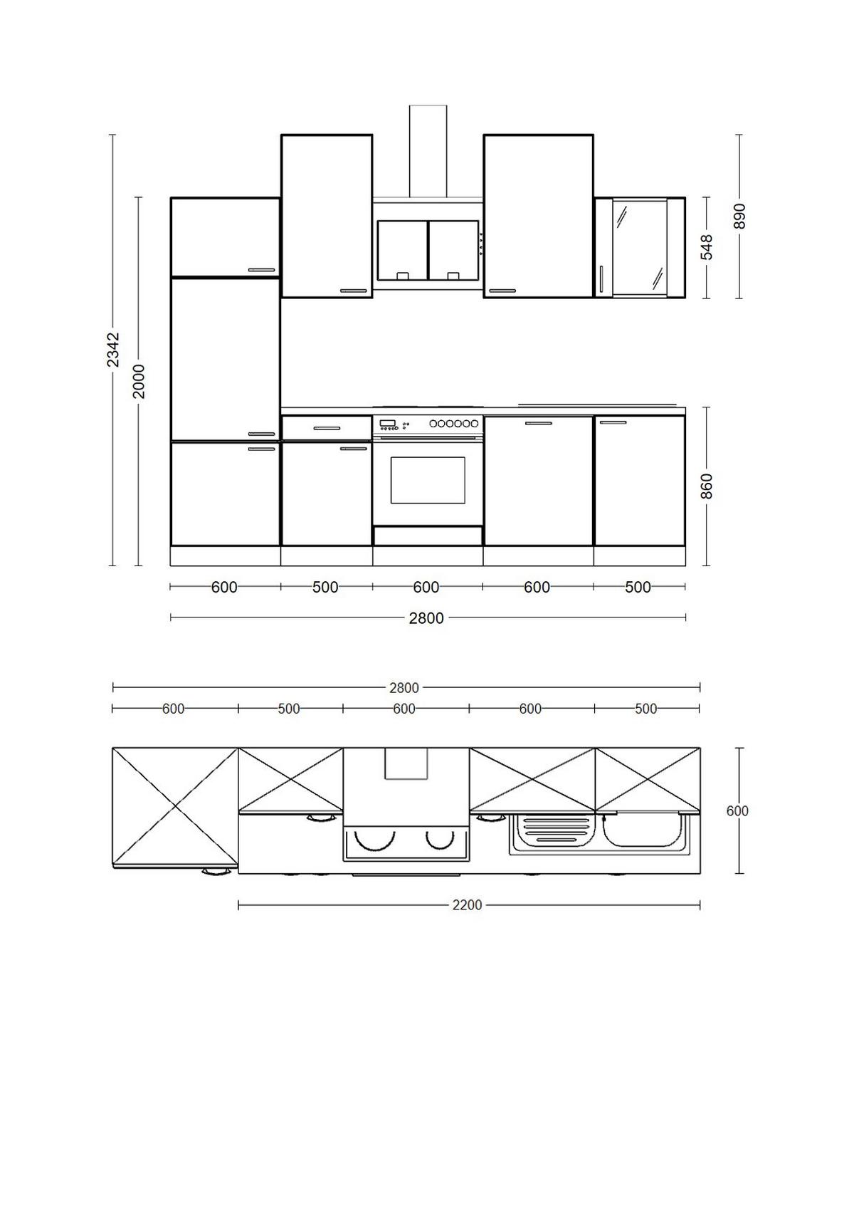 Küchenzeile Nepal Mit Geräten 280 Cm Kaschmir/eiche Dekor - Kaschmir/Sonoma Eiche, MODERN, Glas/Holzwerkstoff (280cm) - FlexWell