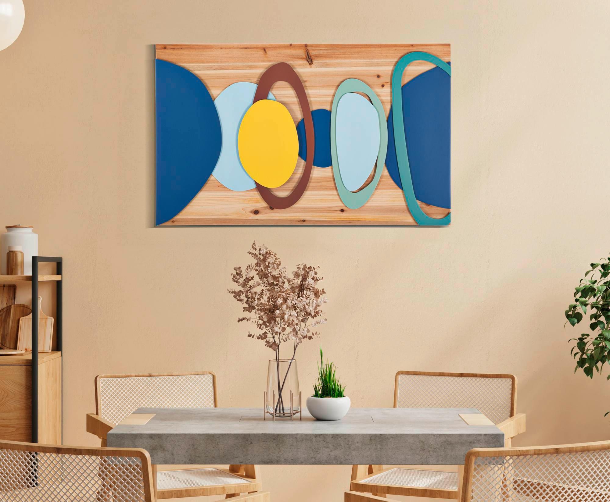Wanddeko Wood Color Blau, Gelb, Naturfarbe B: 80cm - Blau/Gelb, Basics, Holz/Metall (80/50/2.5cm)