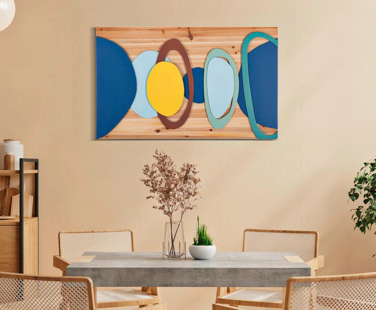 Wanddeko Wood Color Blau, Gelb, Naturfarbe B: 80cm - Blau/Gelb, Basics, Holz/Metall (80/50/2.5cm)