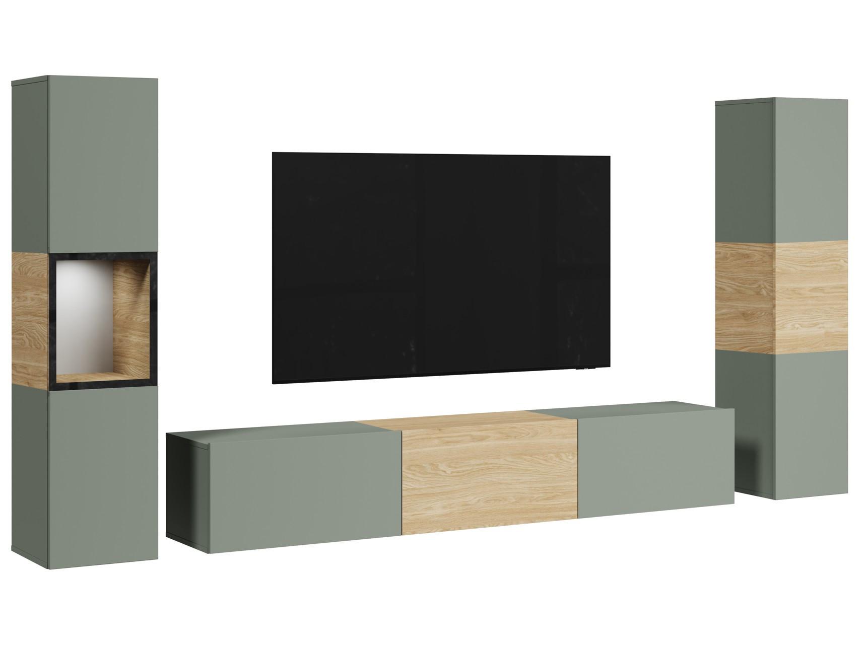 Wohnwand mit LED Berlin III Salbeigrün/Eichefarben - Eichefarben/Salbeigrün, Design, Glas/Holzwerkstoff (240/130/31cm) - P & B